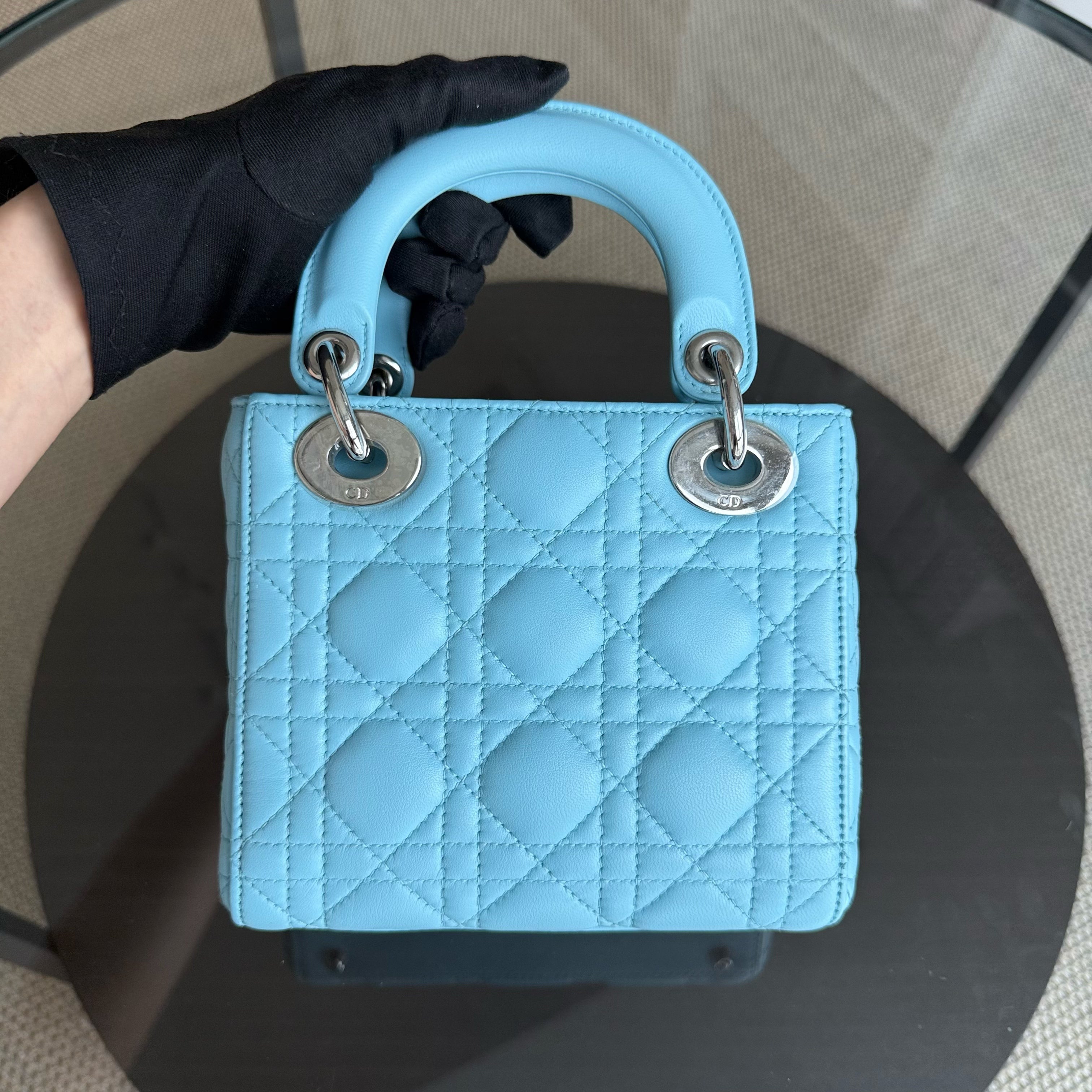 Dior Lady Mini - Cannage Lambskin Light Blue Silver Hardware Adjustable strap