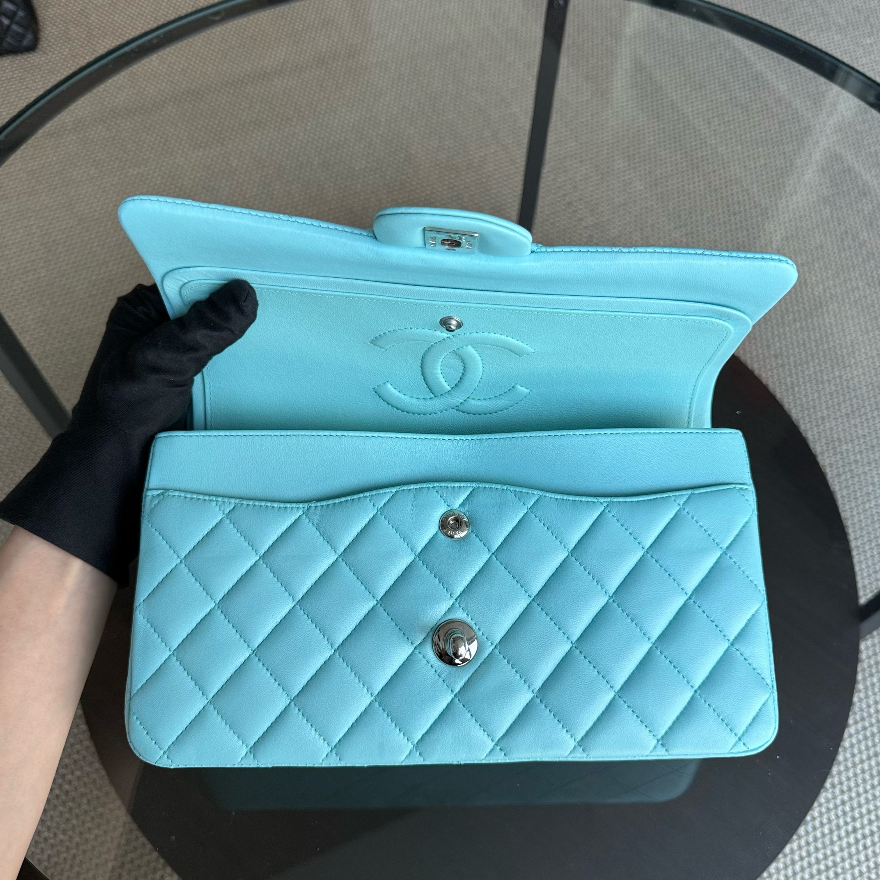 Chanel Classic Flap Medium - 25CM Quilted Lambskin Light Blue Silver Hardware Series 27