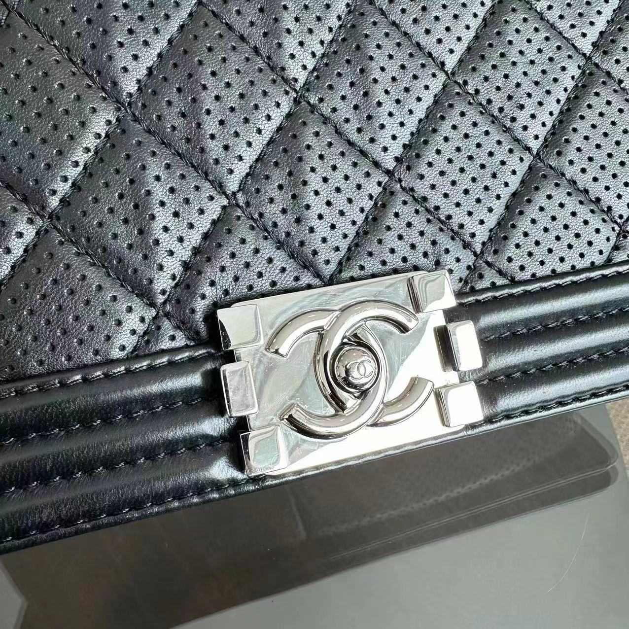 Chanel Boy Medium - 28CM Quilted Lambskin Perforated Black Silver Hardware Series 19