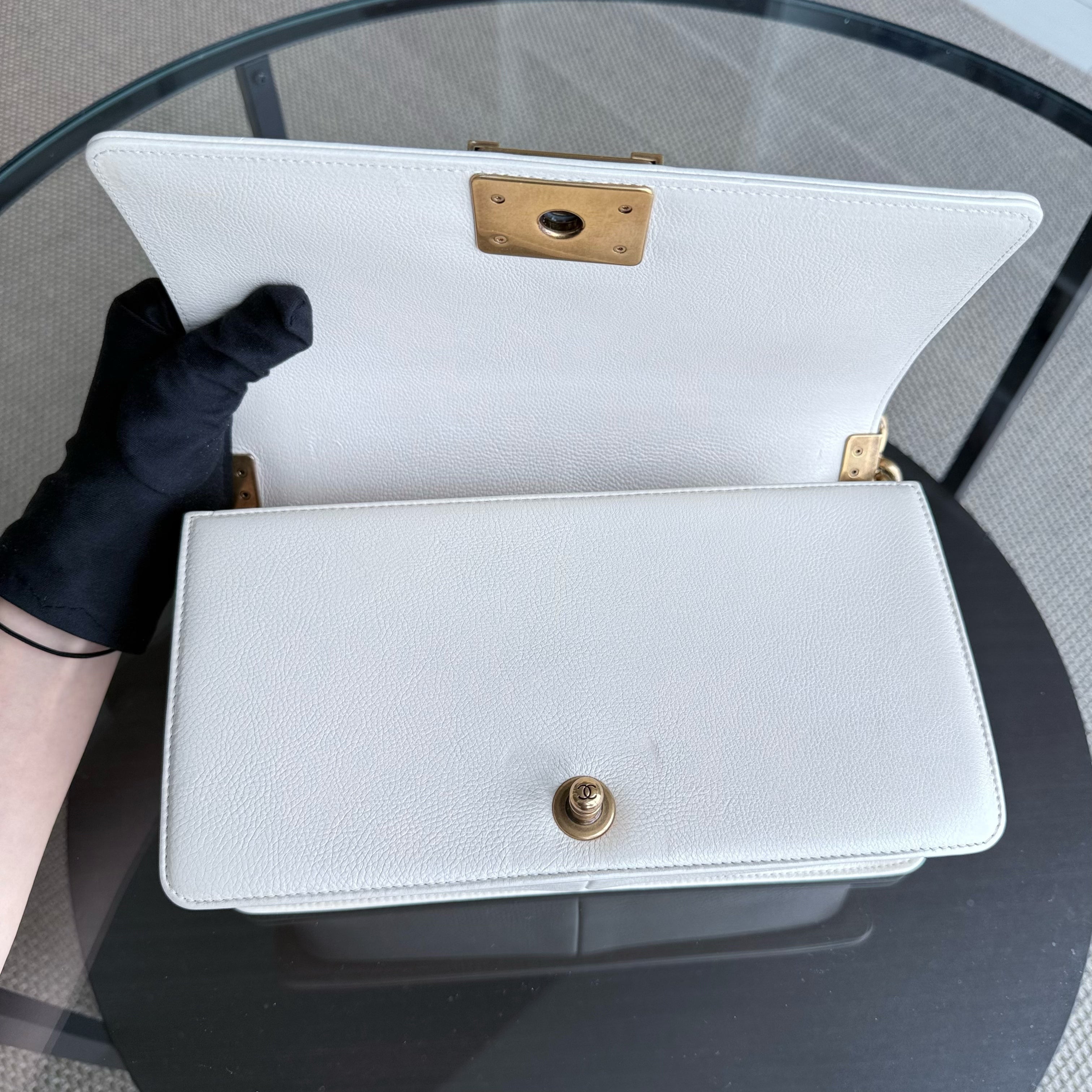 Chanel Boy Medium - Calfskin 25CM Quilted Cream White Aged Gold Hardware Series 20