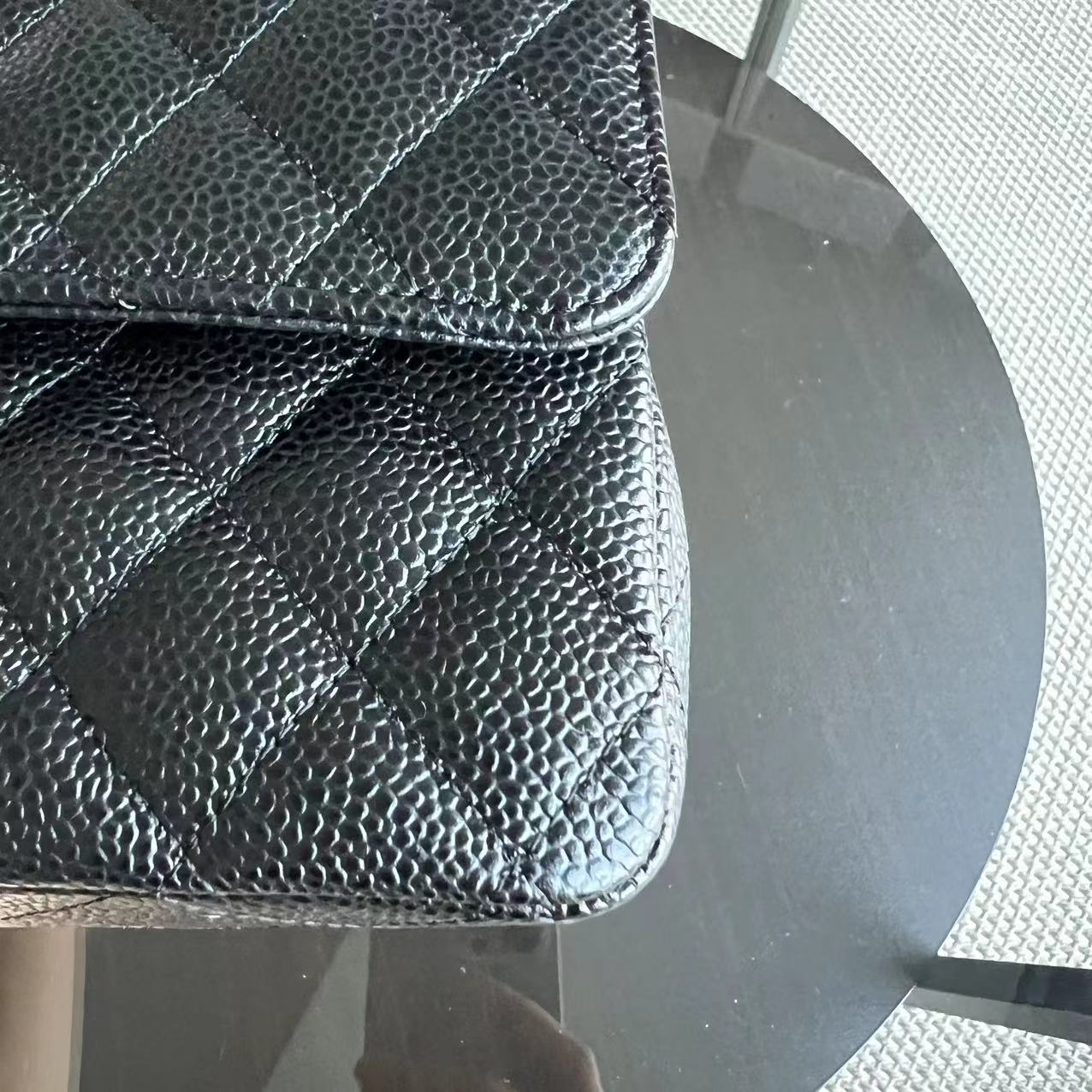 *Unused* Medium Double Flap 25CM Quilted Grained Calfskin Black Silver Hardware Series 23