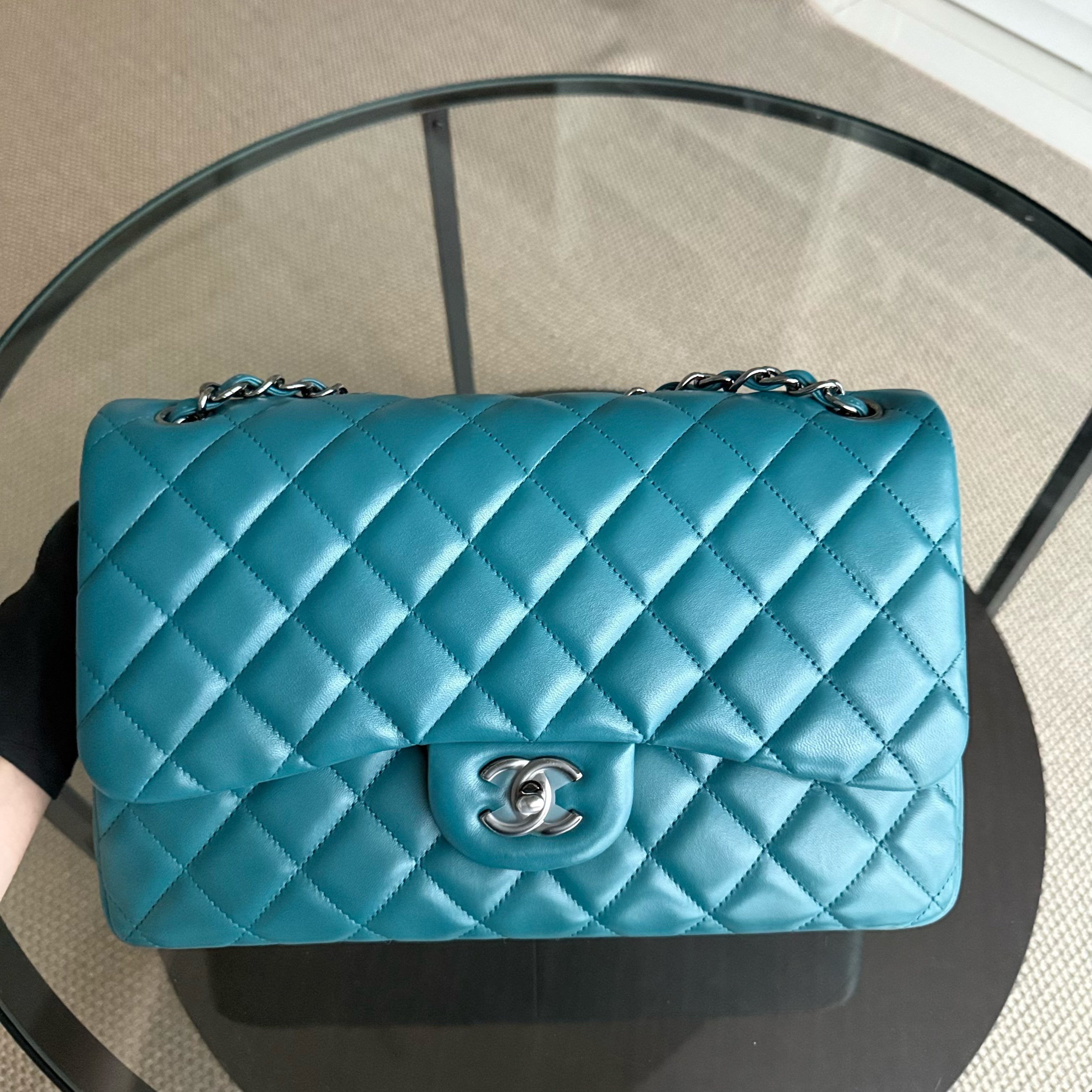 Chanel Classic Flap Jumbo - Double Flap 30CM Quilted Lambskin Blue Ruthenium Silver Hardware Series 15