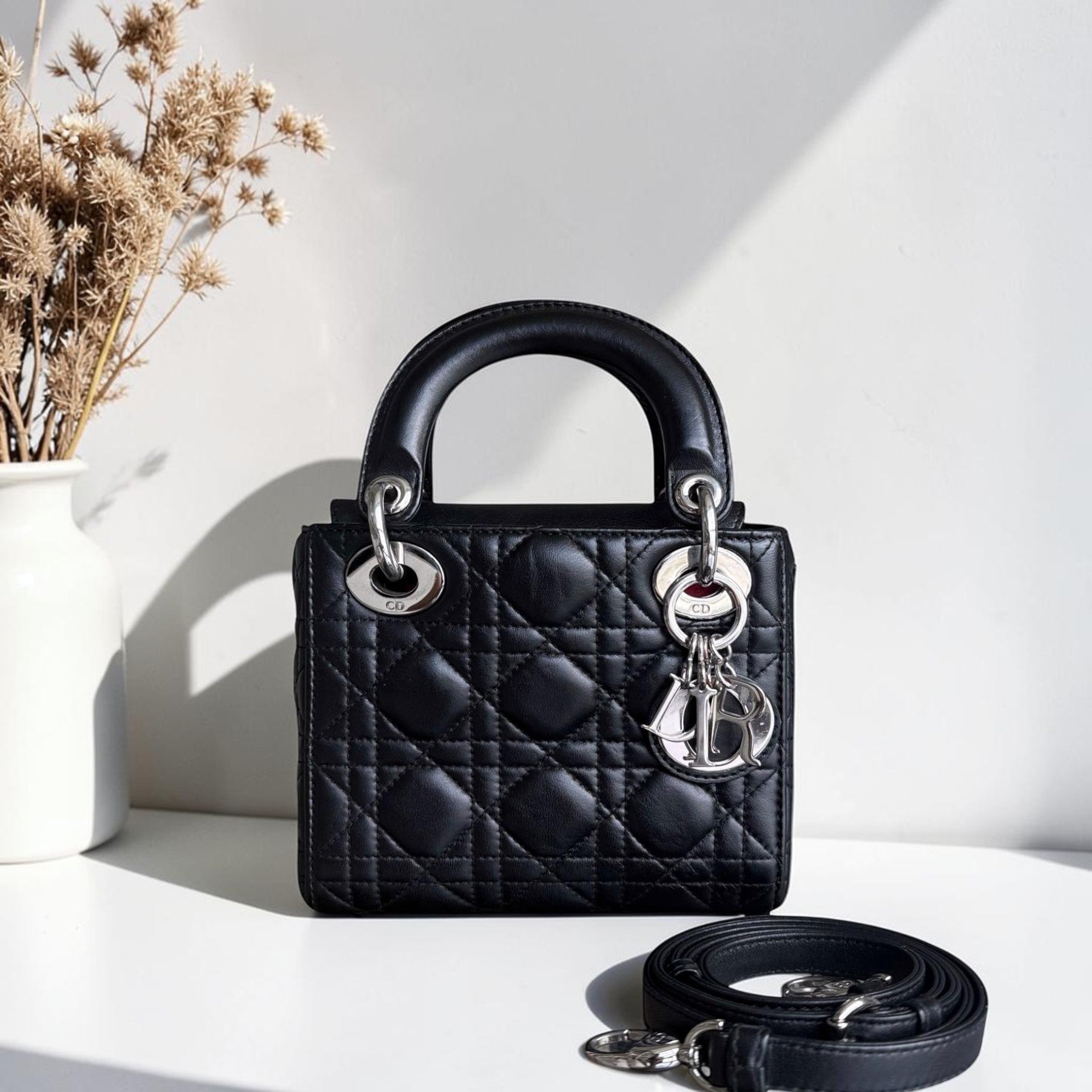 Dior Lady Mini - Cannage Lambskin Black Silver Hardware Adjustable Strap