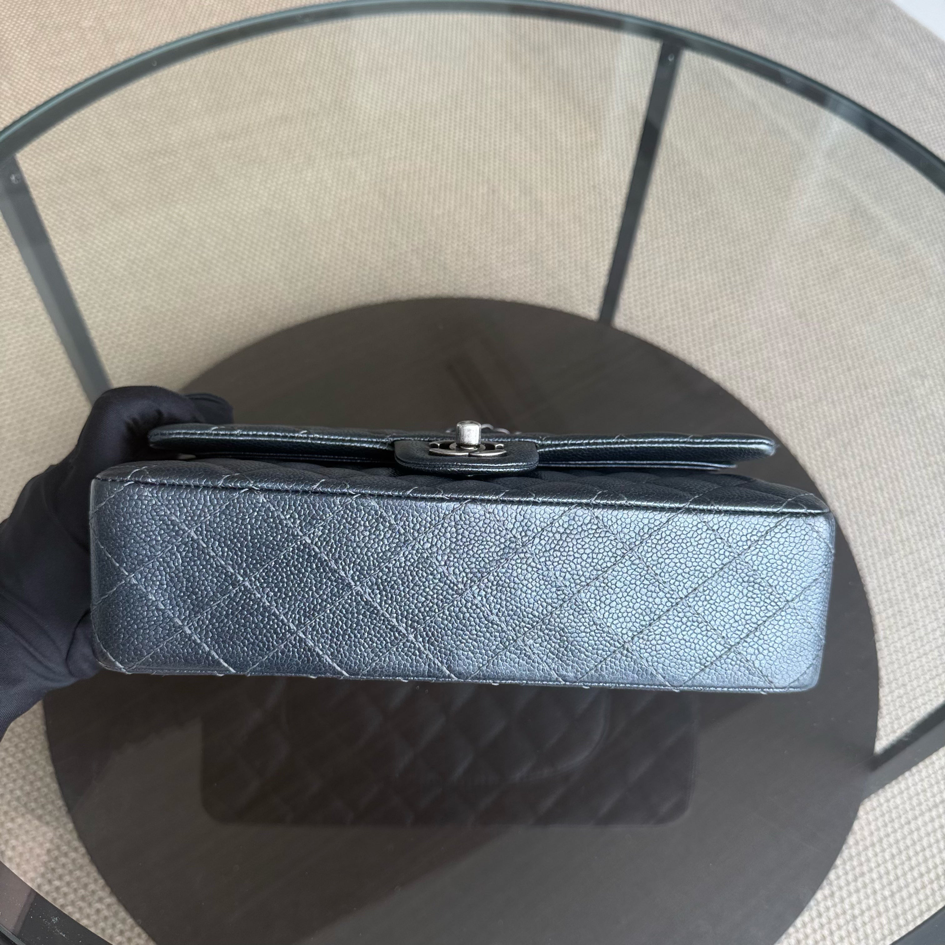 Chanel Classic Flap Medium - Caviar 25CM Quilted Grained Calfskin Iridescent Charcoal Dark Grey Gray Ruthenium Silver Hardware Series 20