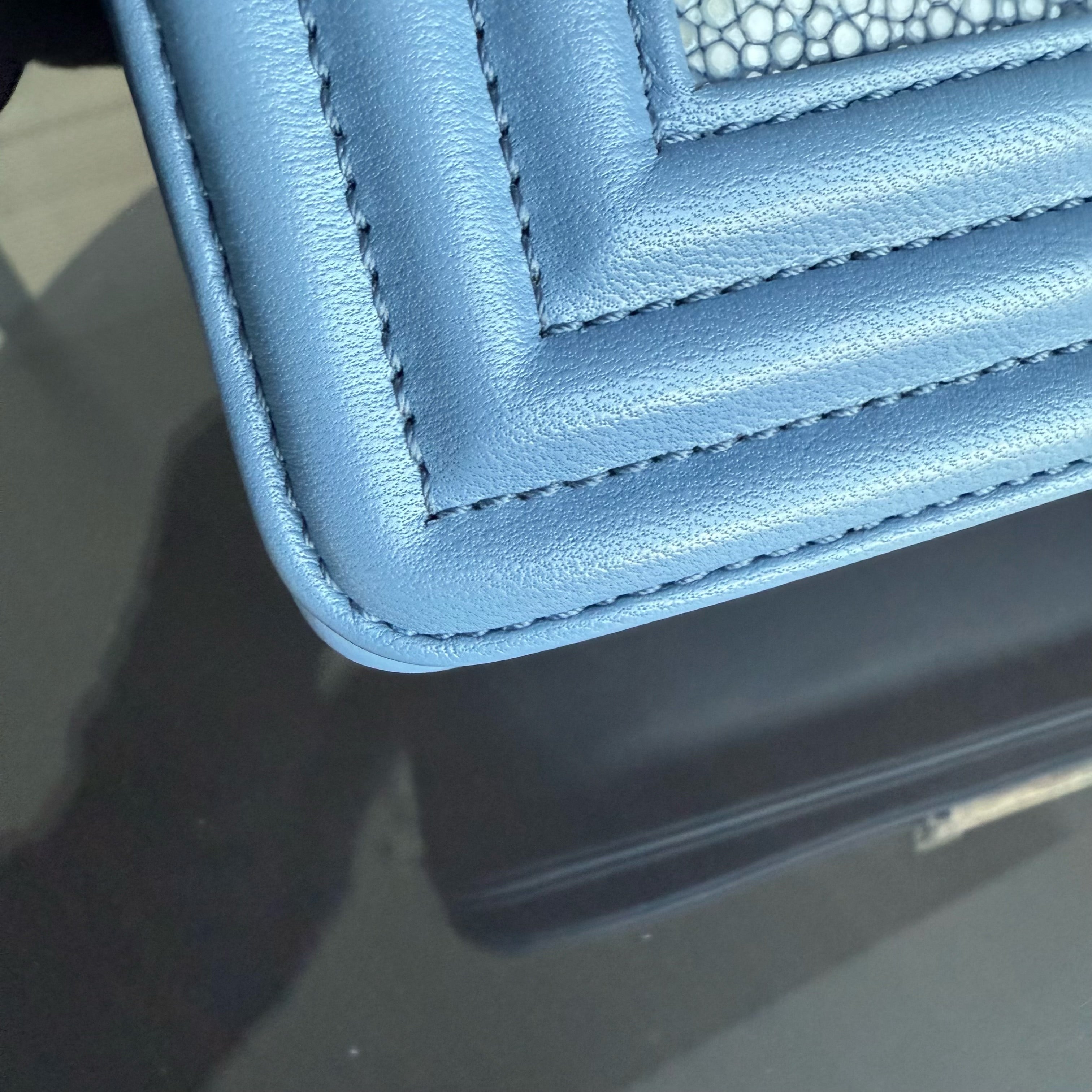 Chanel Boy Small - Stingray Light Blue Ruthenium Silver Hardware Series 22