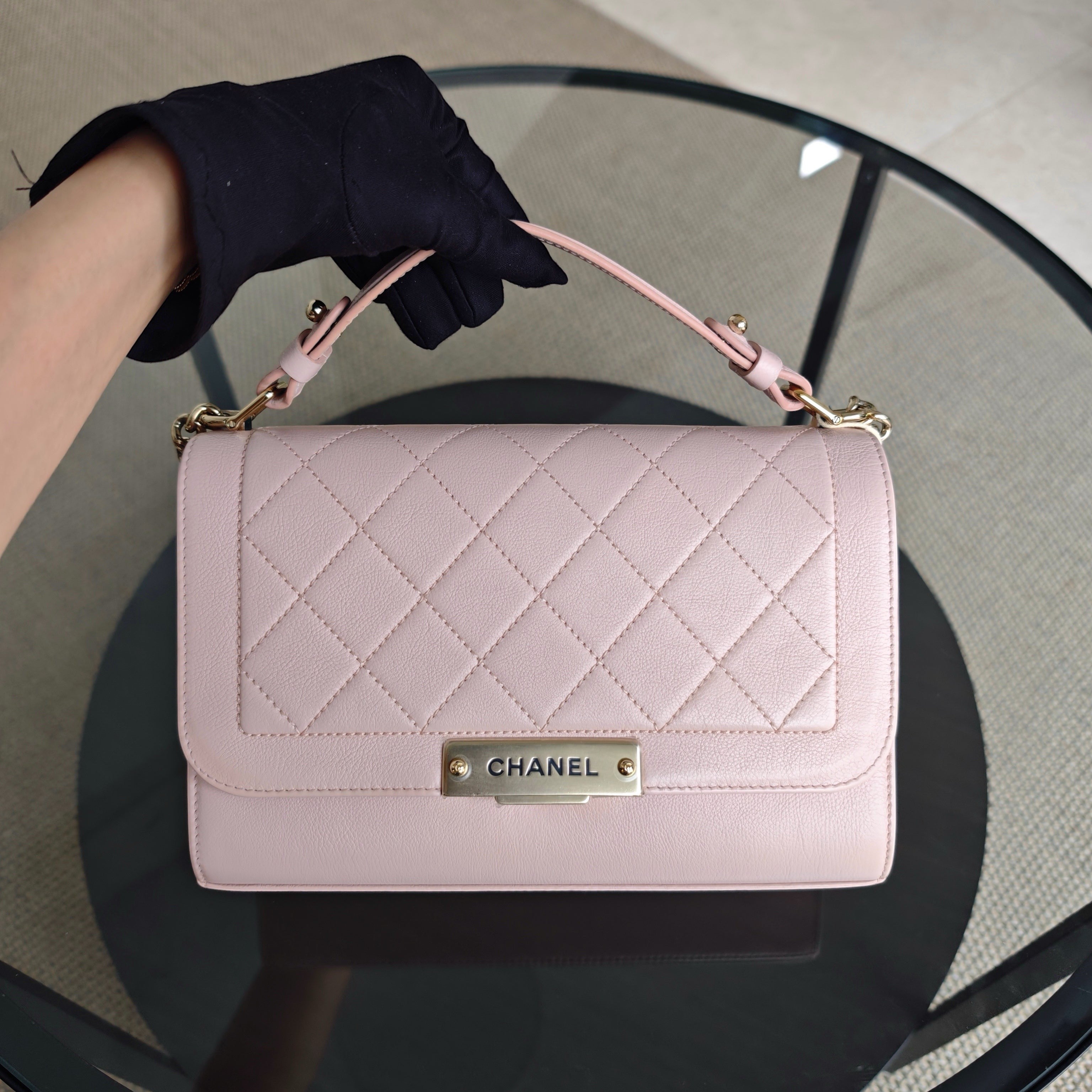 Chanel Label Click Medium - 25CM Quilted Grained Calfskin Light Pink Gold Hardware Series 23