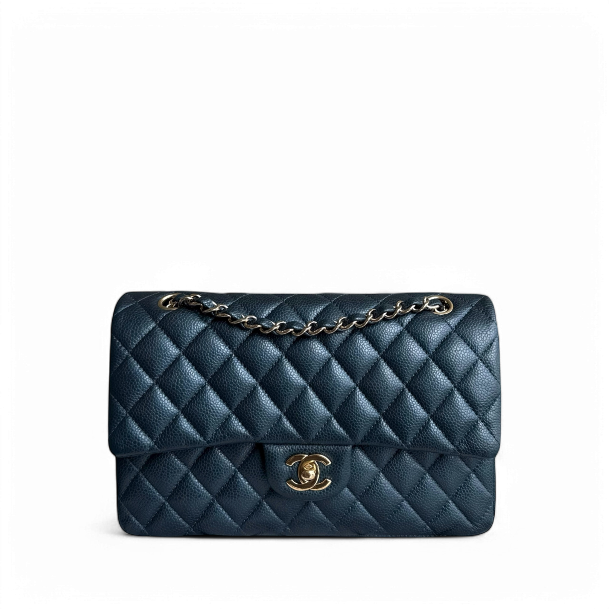 Chanel Classic Flap Medium - Caviar 25CM Quilted Iridescent Dark Blue Gold Hardware Series 25