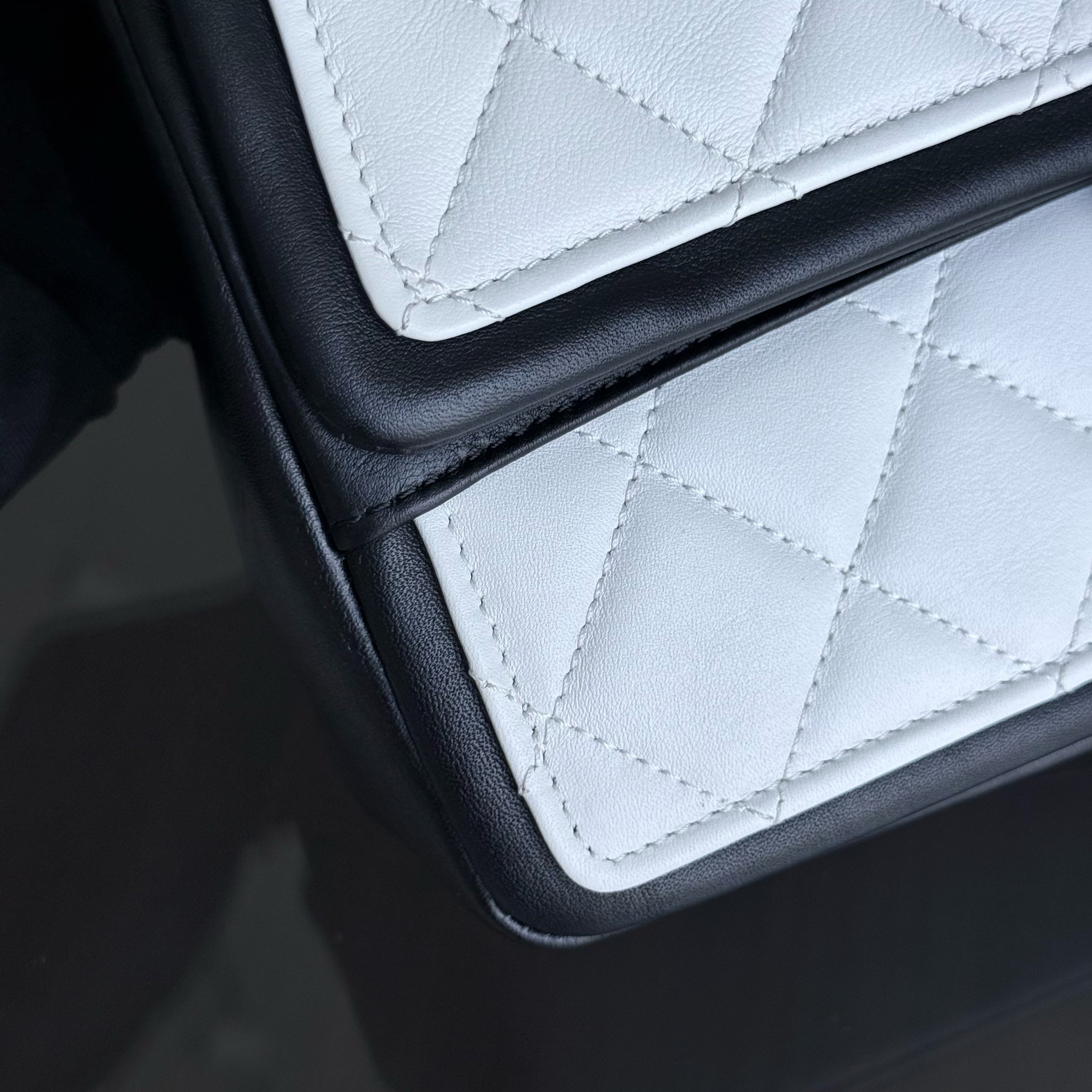 Chanel Seasonal Flap - 25CM Quilted Lambskin Bi-Color White Black Gold Hardware Series 20