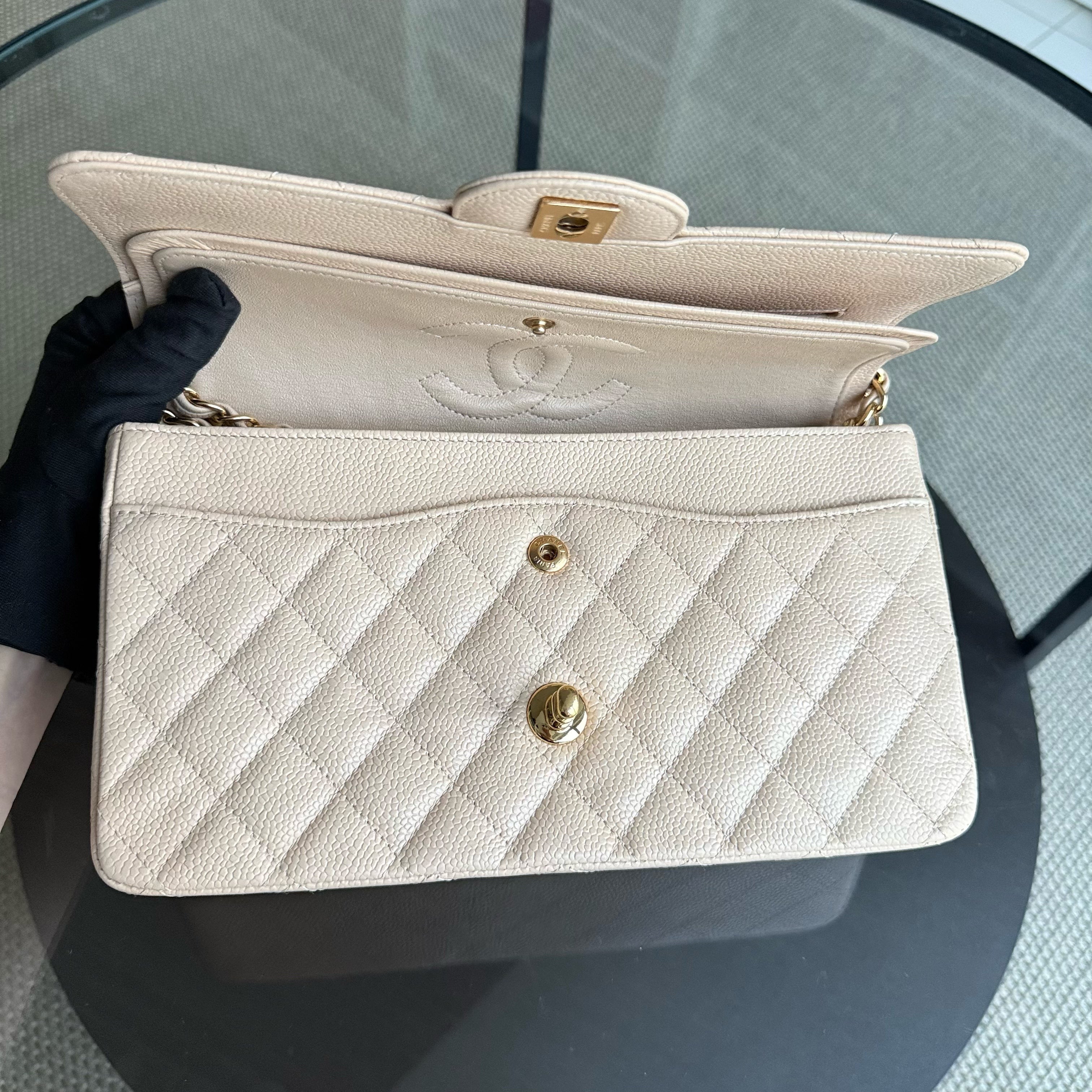Chanel Classic Flap Medium - Caviar 25CM Quilted Grained Calfskin Beige Gold Hardware Series 16