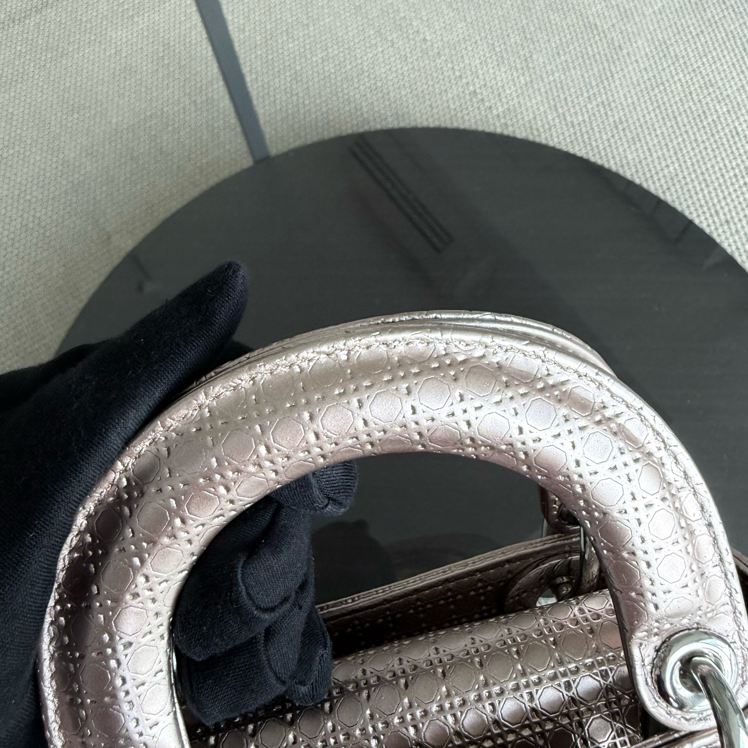 Dior Lady Mini - Micro Cannage Metallic Rose Gold Silver Hardware Adjustable Strap