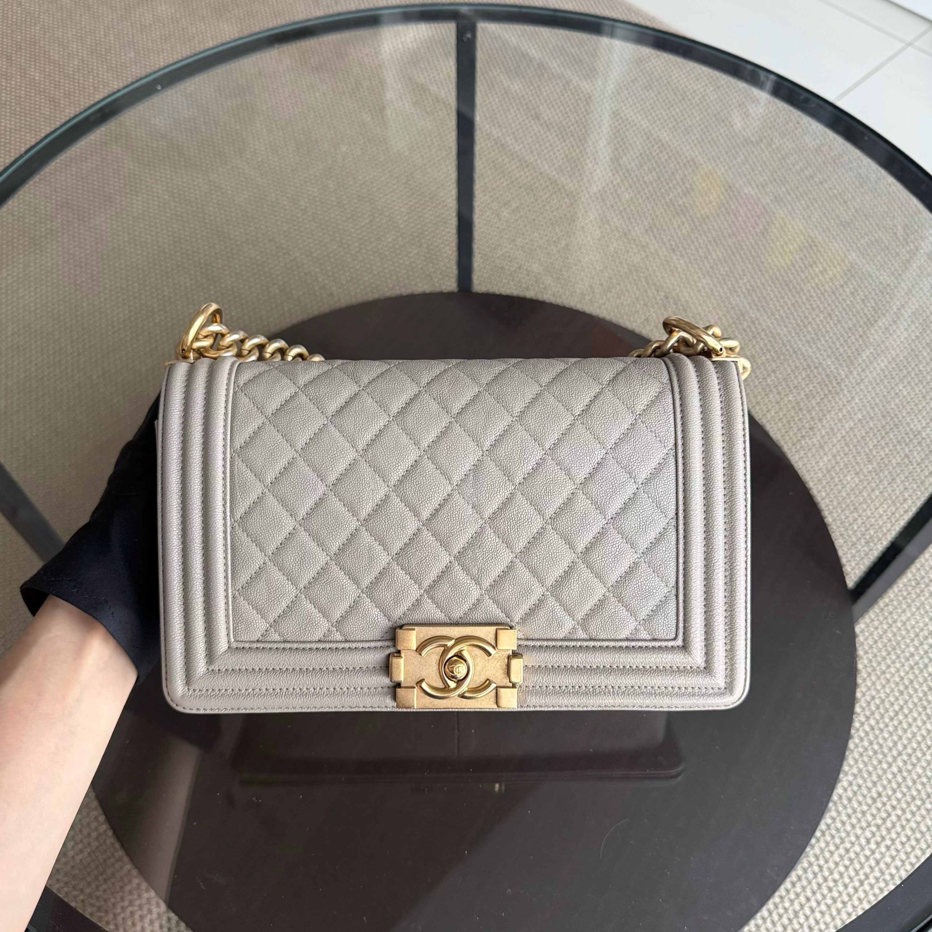 Chanel Boy Medium - Caviar 25CM Quilted Grained Calfskin Grey Gray Gold Hardware Series 27