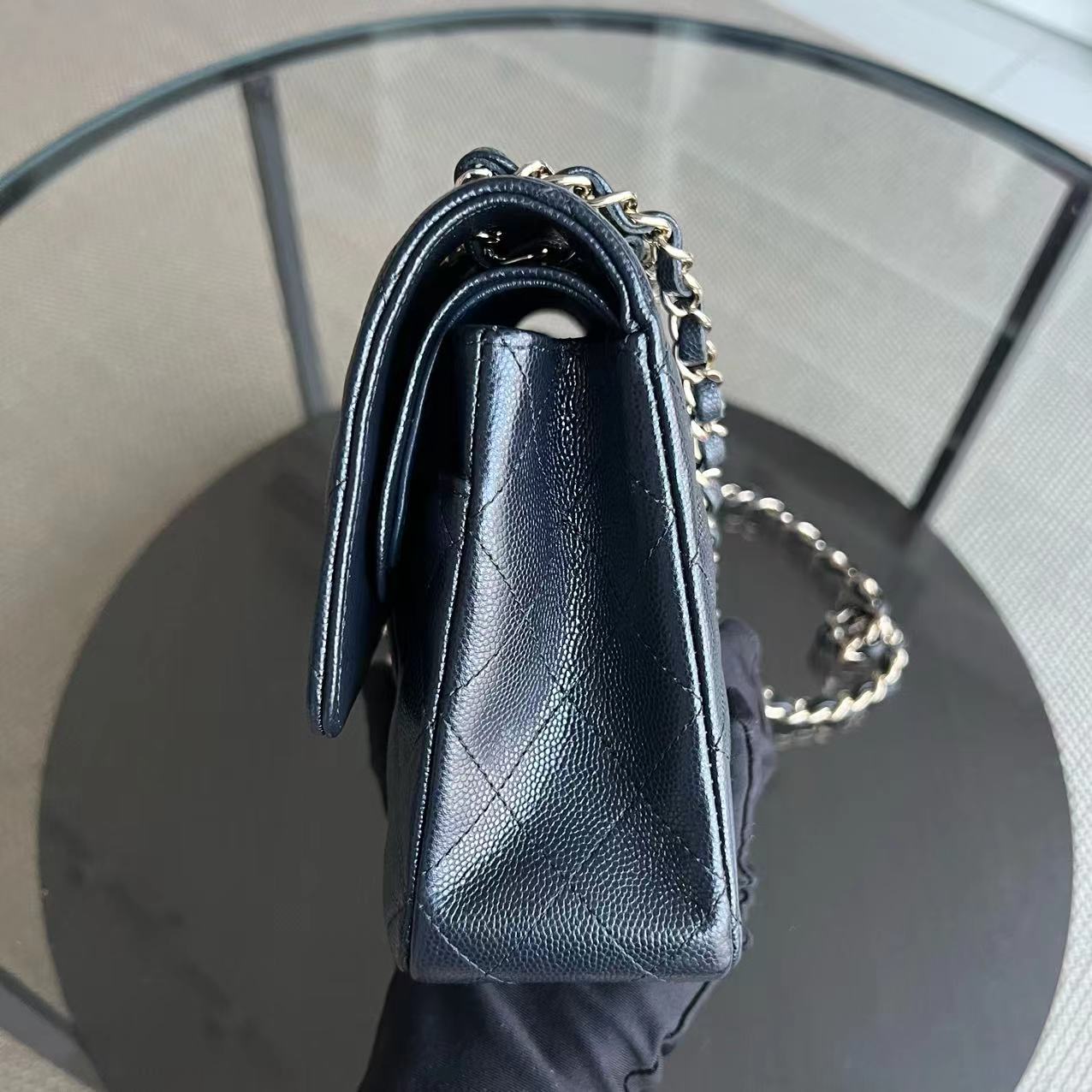 *Unused, Full Set Receipt* Caviar Double Flap Quilted Grained Calfskin Dark Blue Golden Hardware Series 28