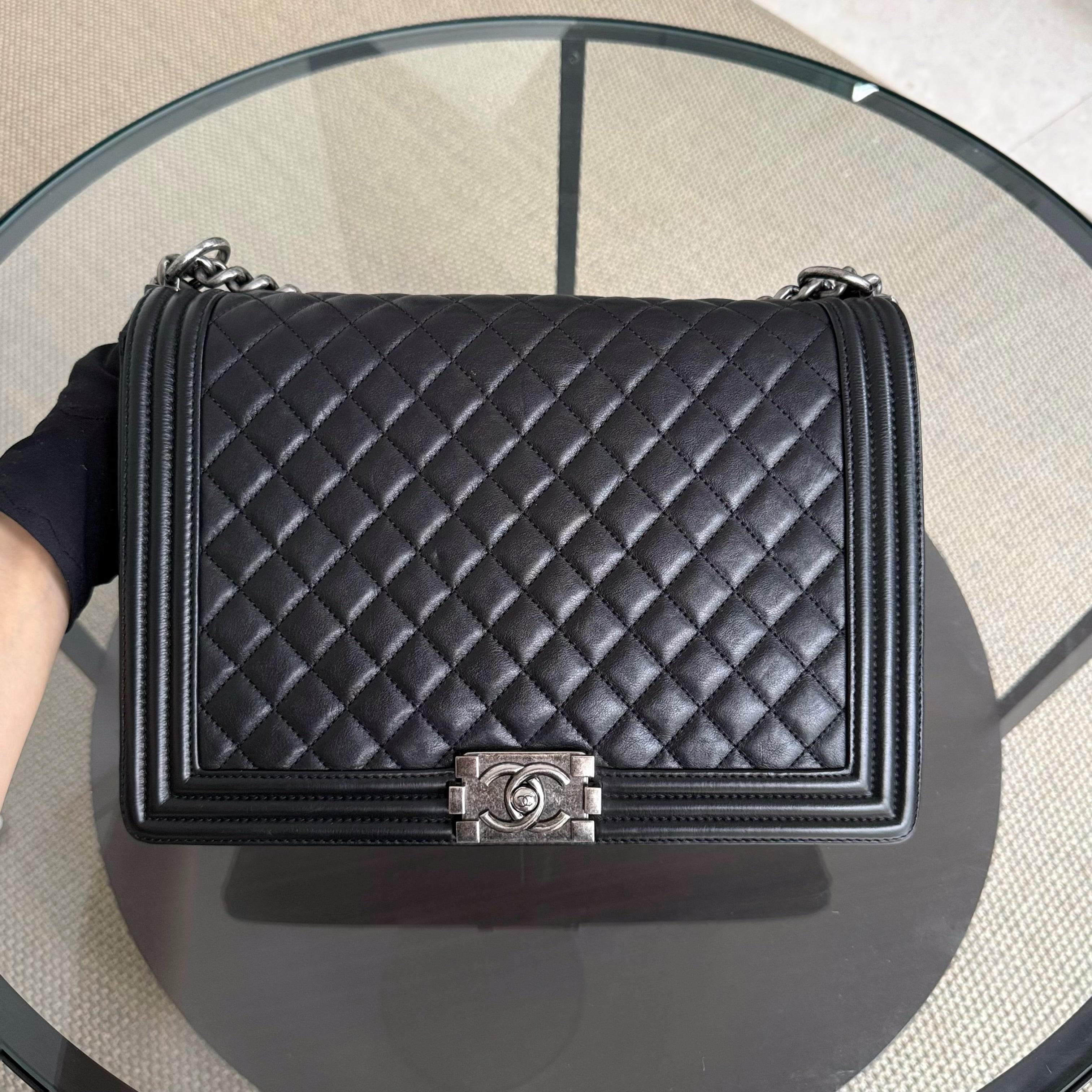 Chanel Boy Large - 30CM Quilted Calfskin Black Silver Hardware Series 17
