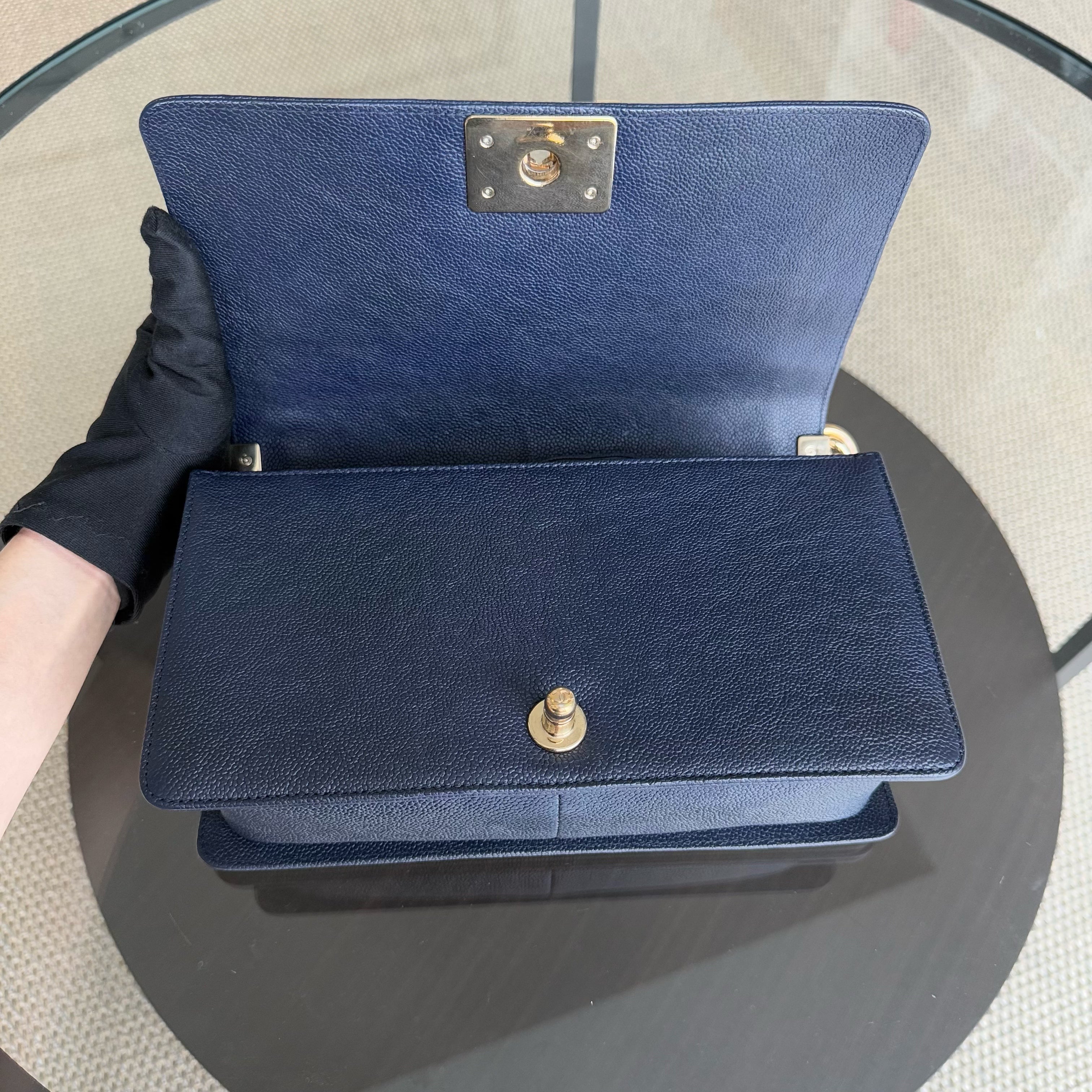 Chanel Boy Medium - Caviar 25CM Chevron Dark Navy Blue Gold Hardware Series 24