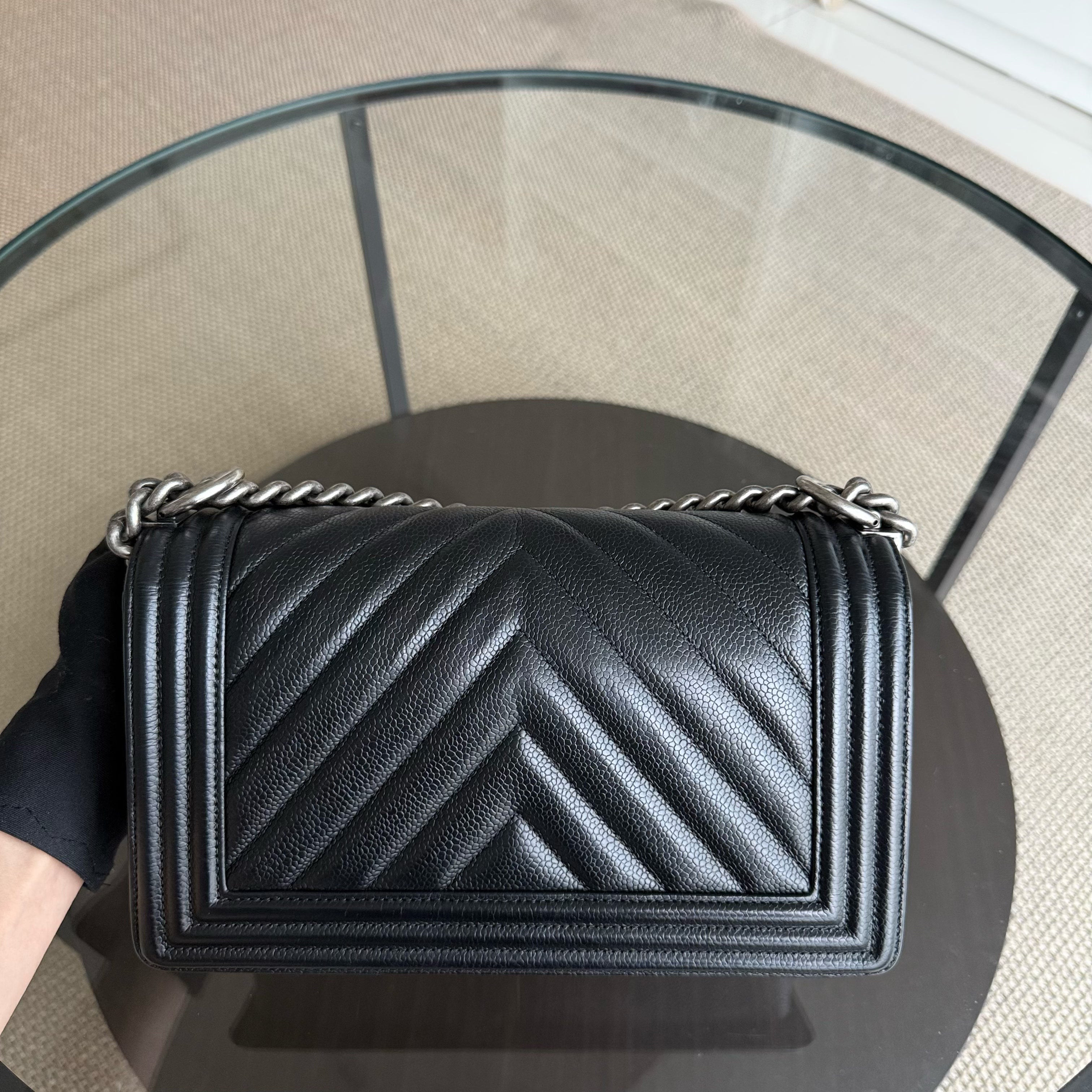 Chanel Boy Medium - Caviar 25CM Chevron Black Ruthenium Silver Hardware Series 29