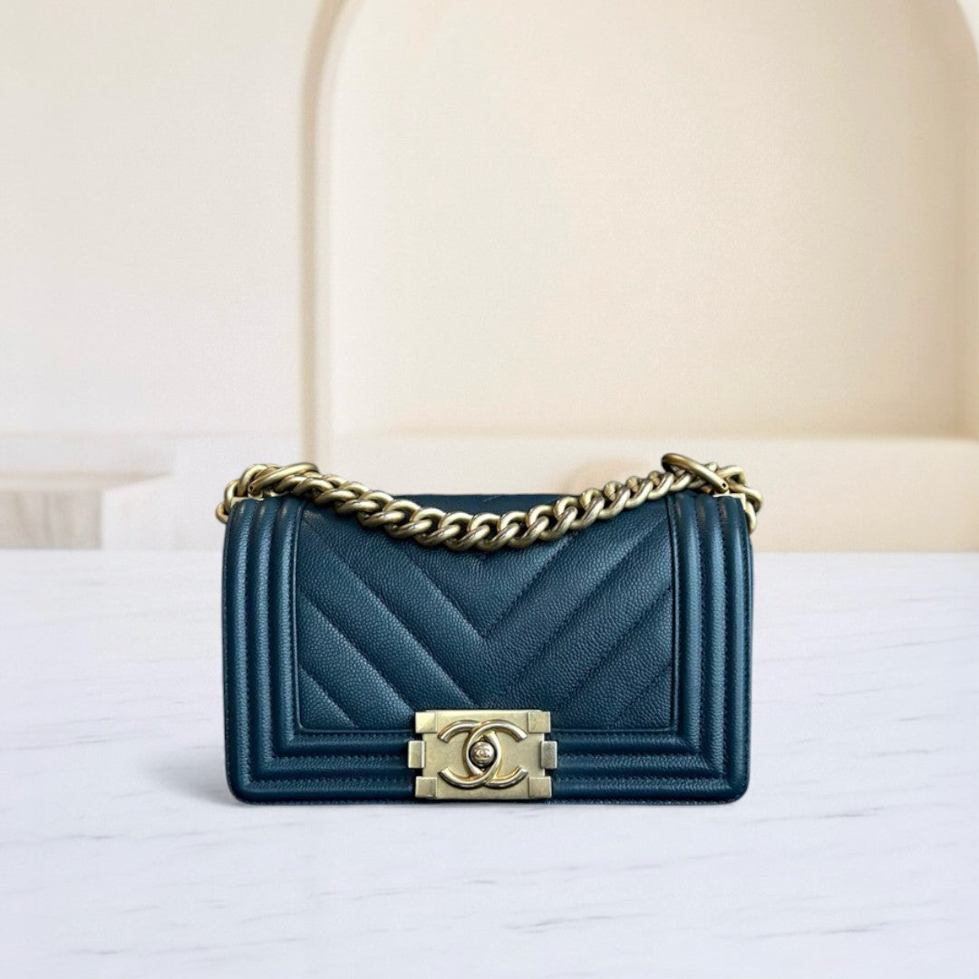 Chanel Boy Small - Caviar 20CM Chevron Grained Calfskin Dark Blue Leboy Gold Hardware Series 25