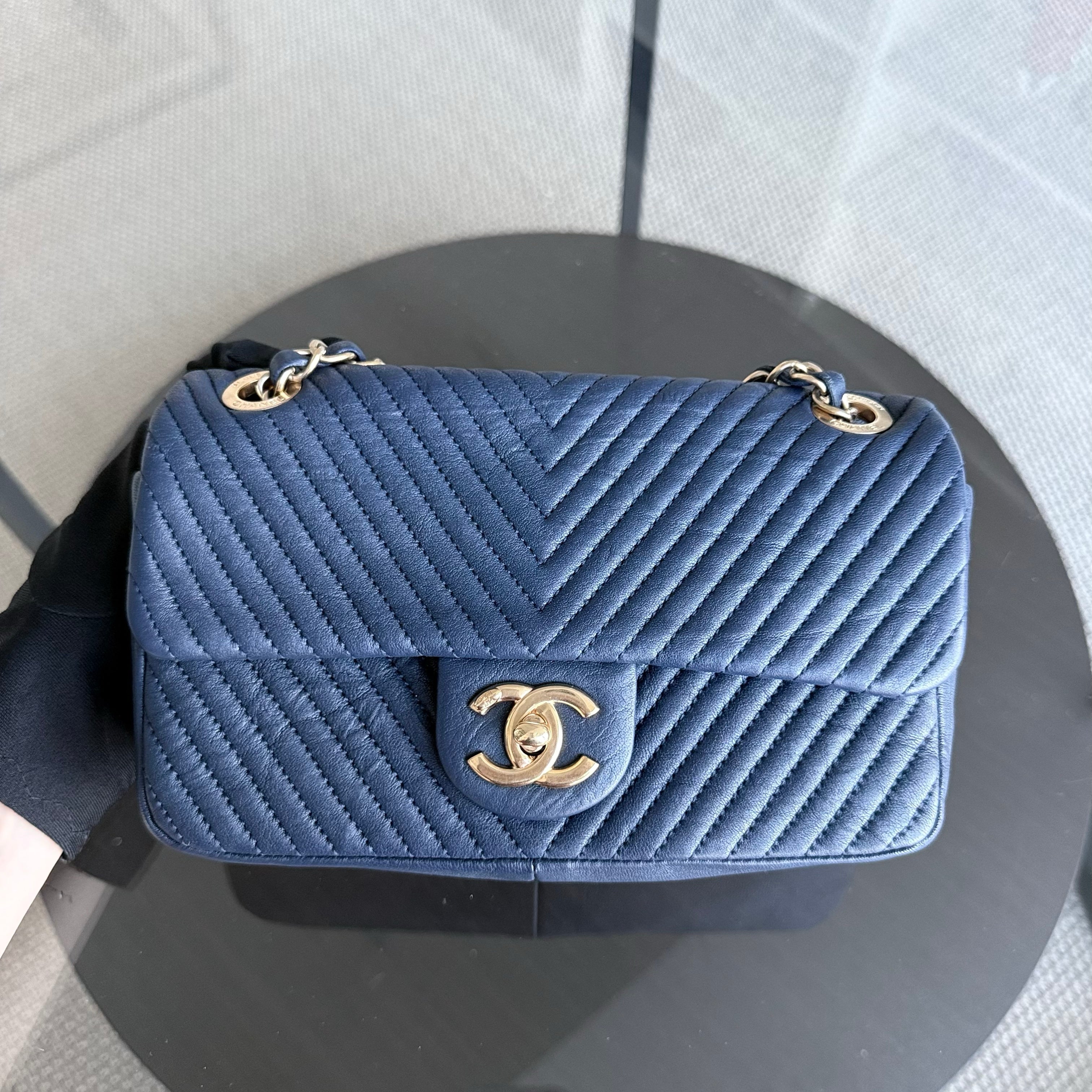 Chanel Seasonal Flap Herringbone - 23CM Calfskin Chevron Blue Distressed Aged Gold Hardware Series 21