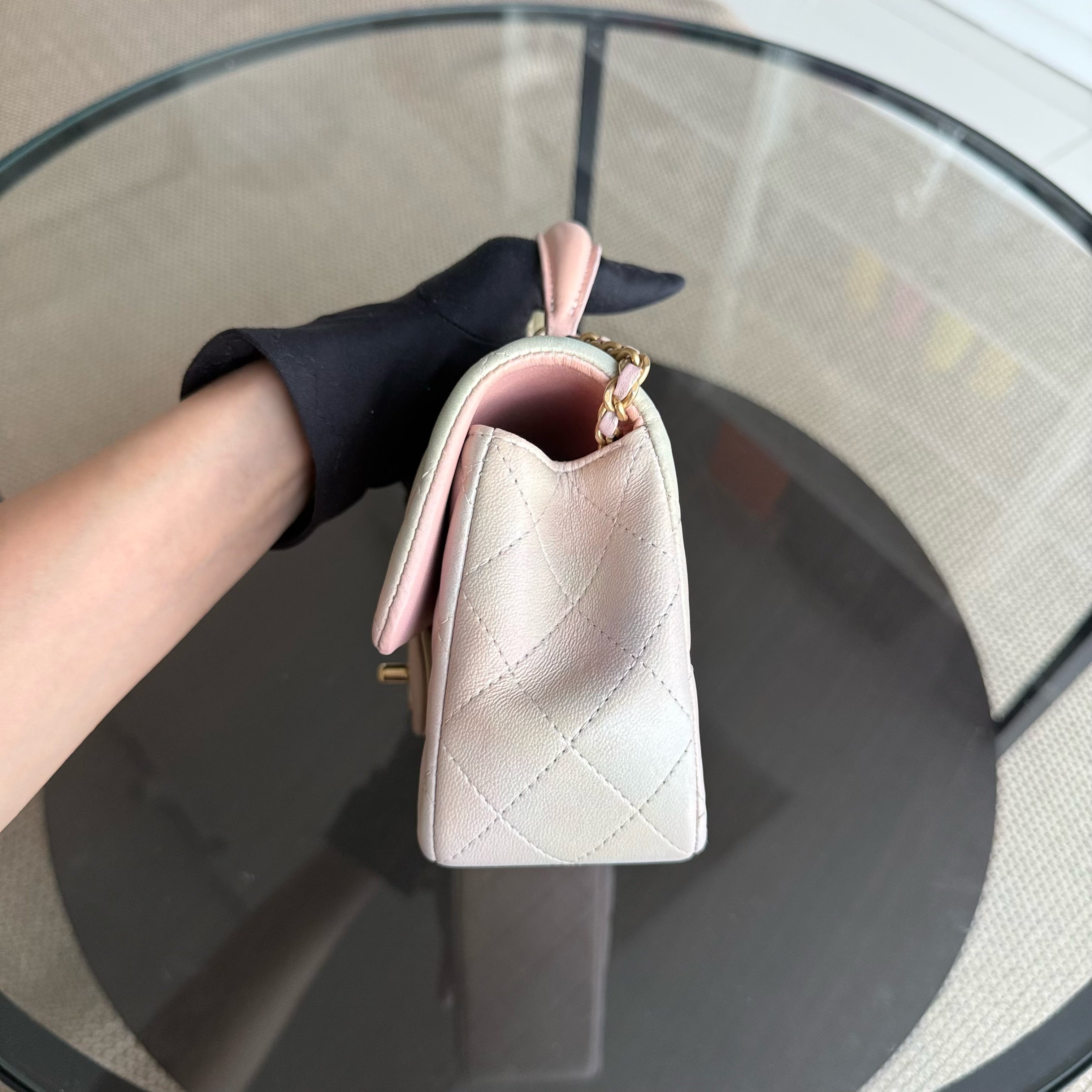 Chanel Classic Flap Mini Top Handle -Quilted Lambskin Ombre Rainbow Gold Hardware Microchip