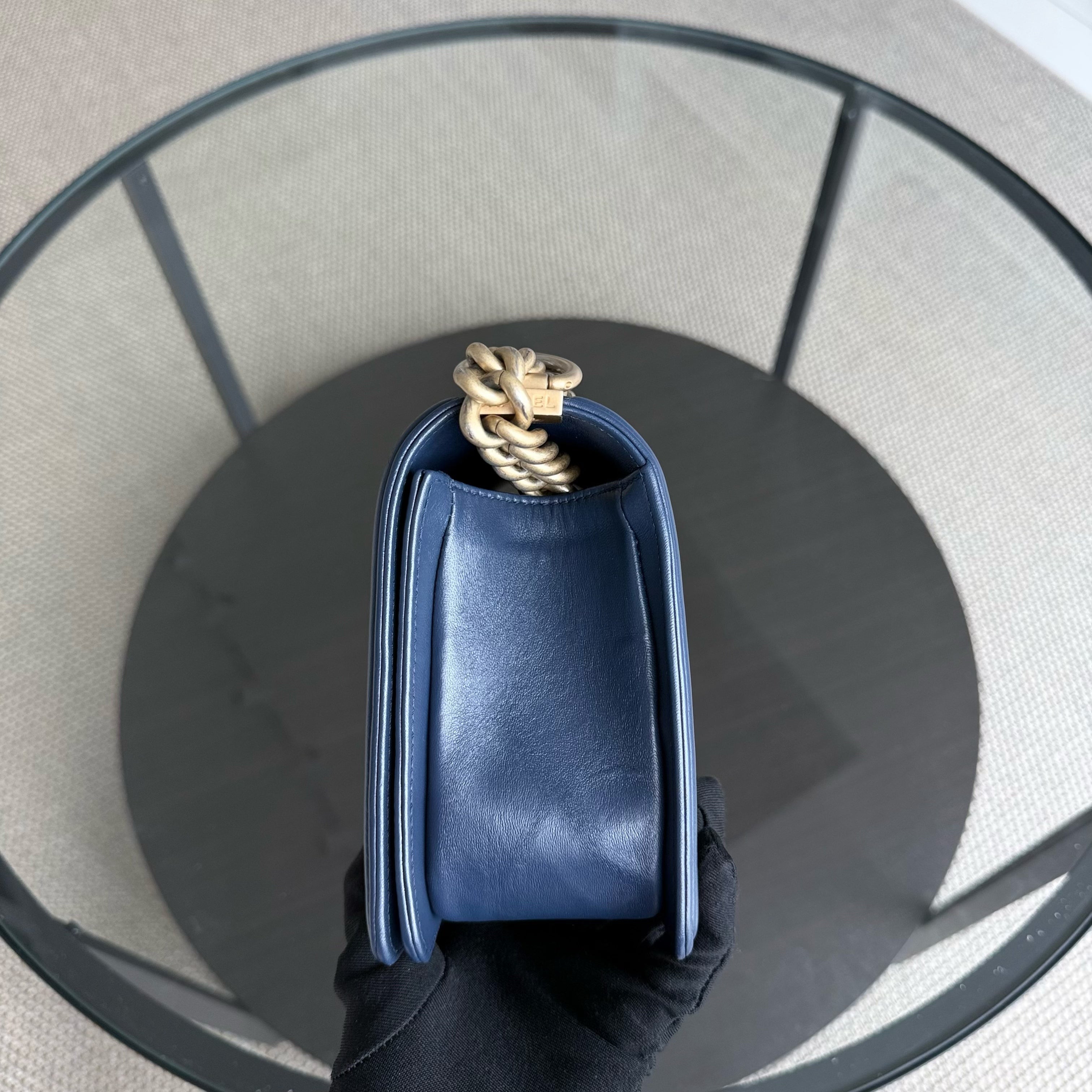Chanel Boy Medium - 25CM Quilted Lambskin Dark Blue Gold Hardware Series 24