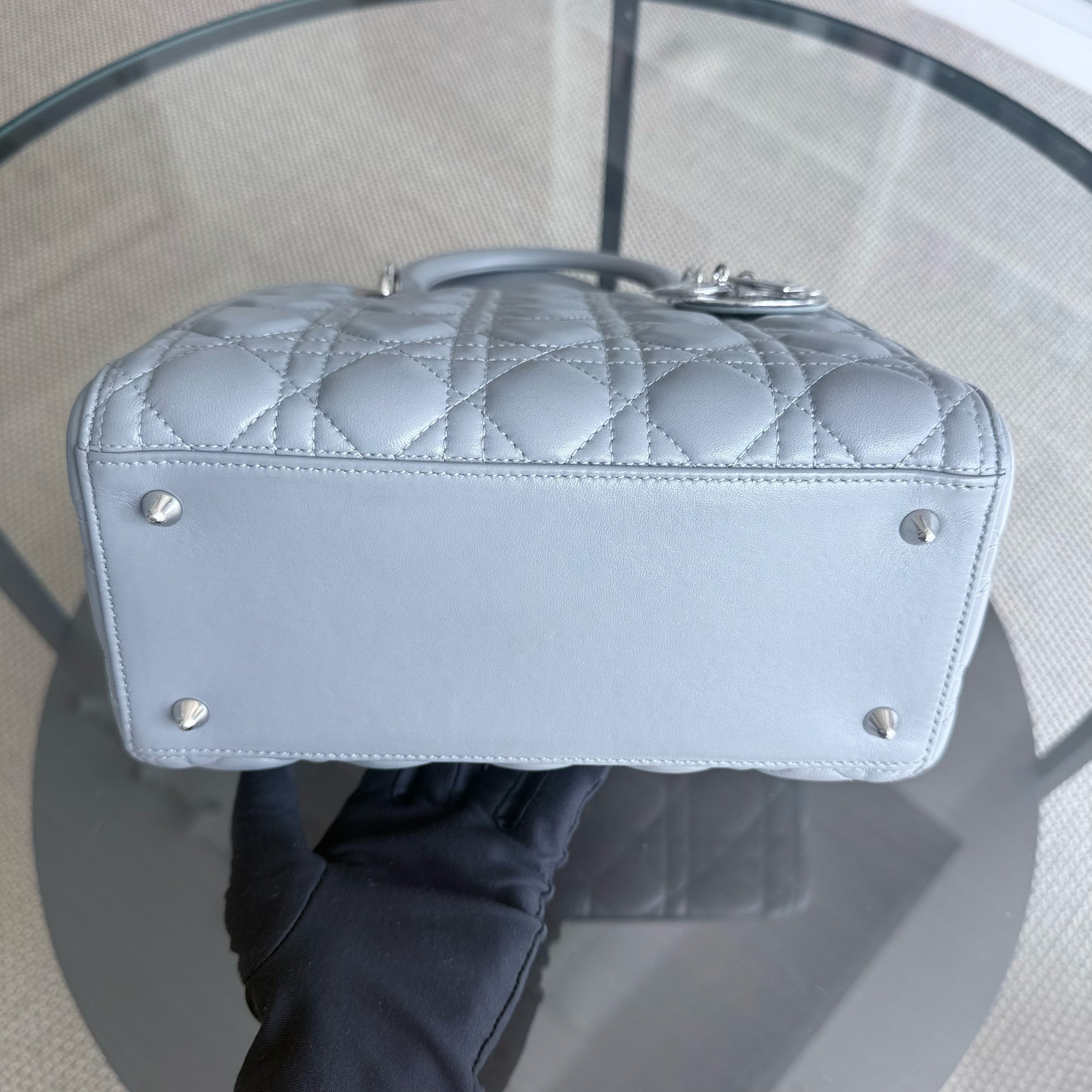 Dior Lady Medium - Cannage Lambskin Grey Gray Silver Hardware
