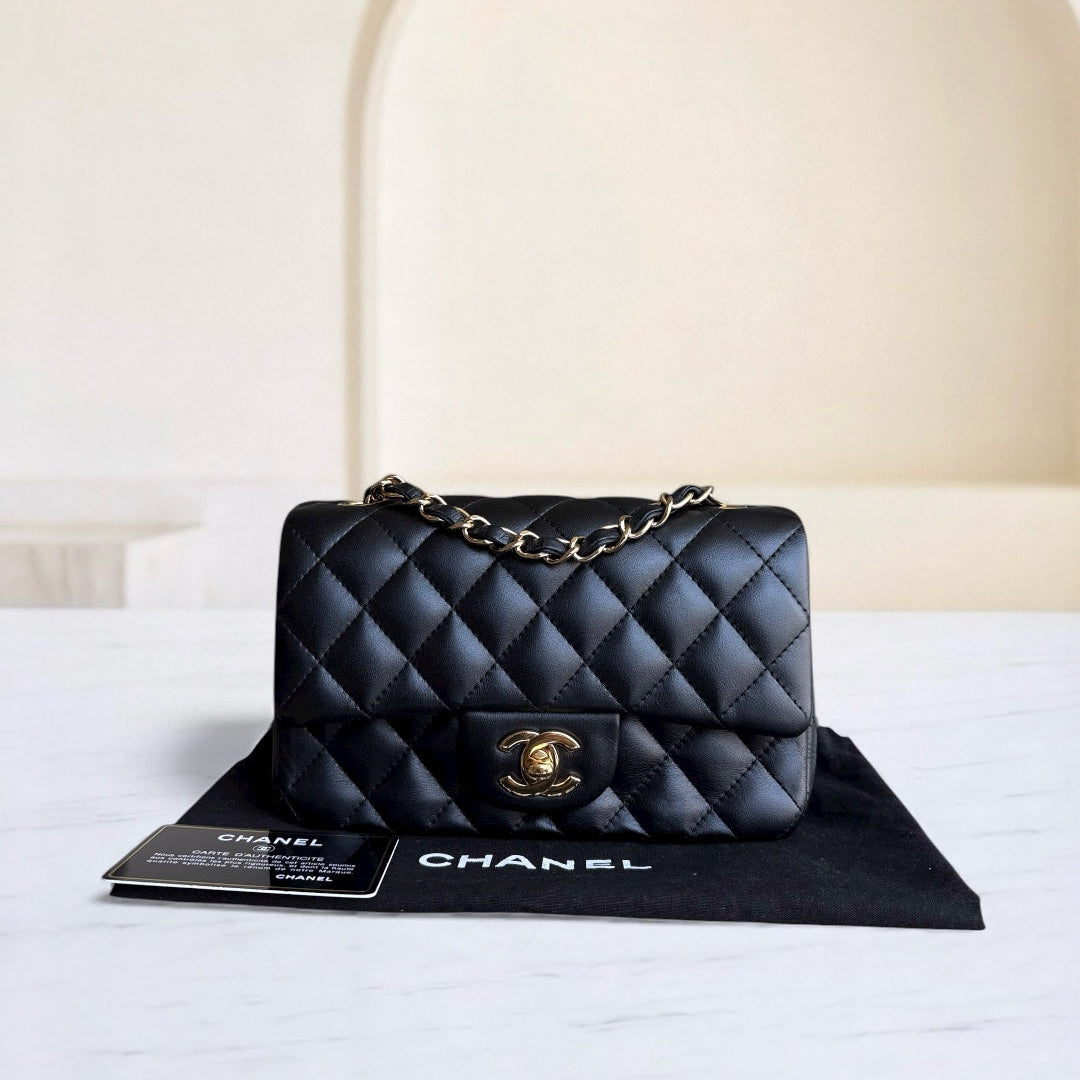 Chanel Lambskin Mini Rectangle Classic Flap - 20CM Quilted Black Golden Hardware Series 21