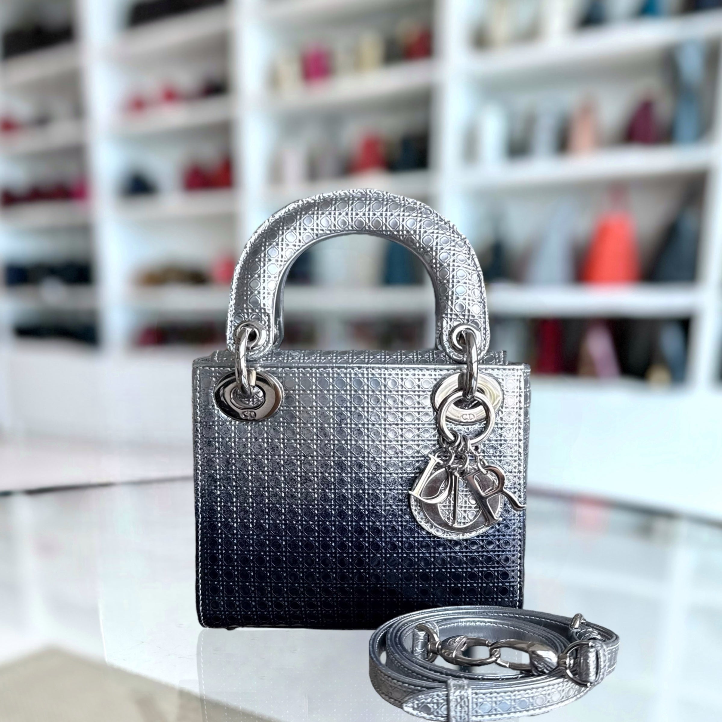 Dior Lady Mini - Micro Cannage Metallic Two-tone Silver Dark Blue Silver Hardware