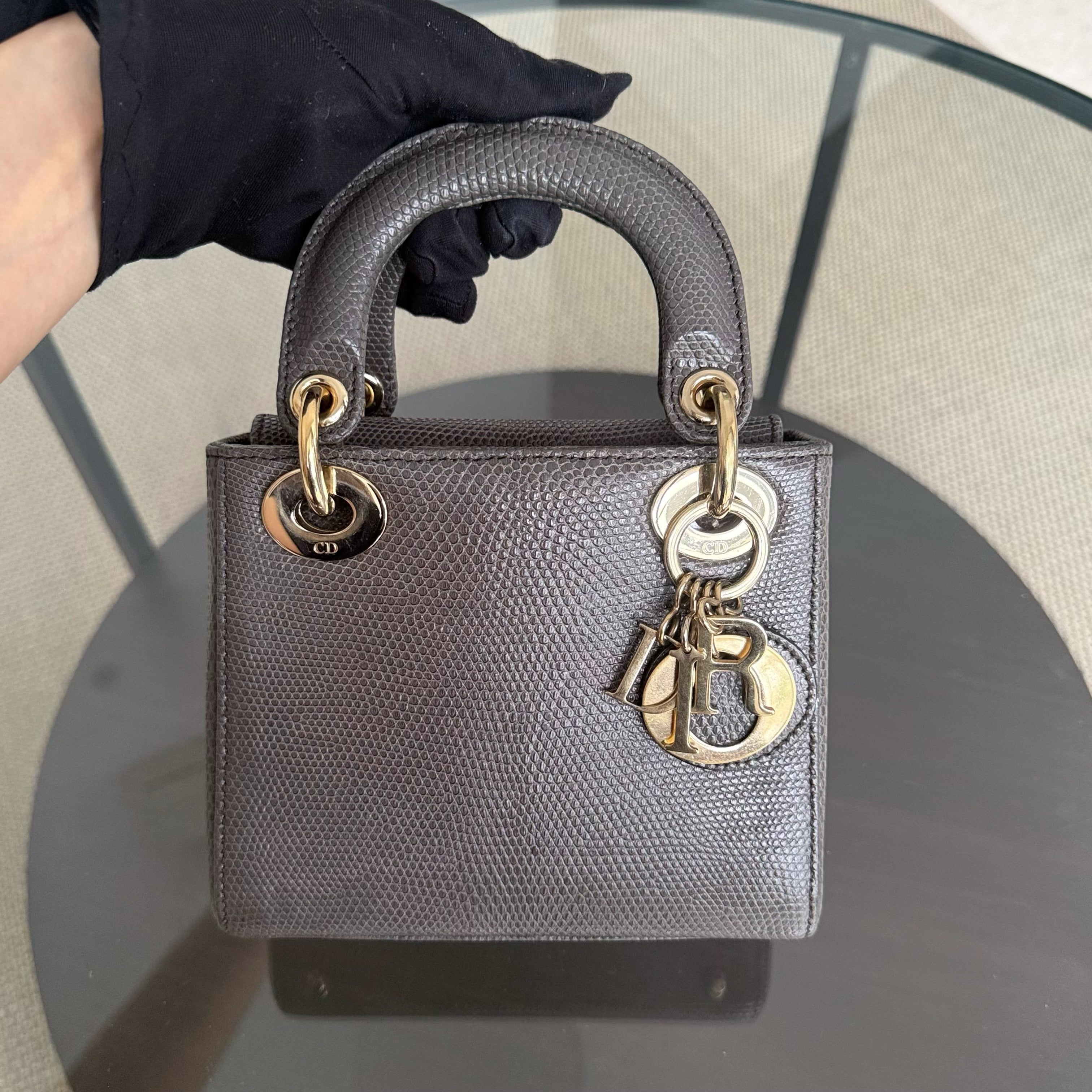 Dior Lady Mini - Exotic Lizard Dark Gray Grey color Gold Hardware