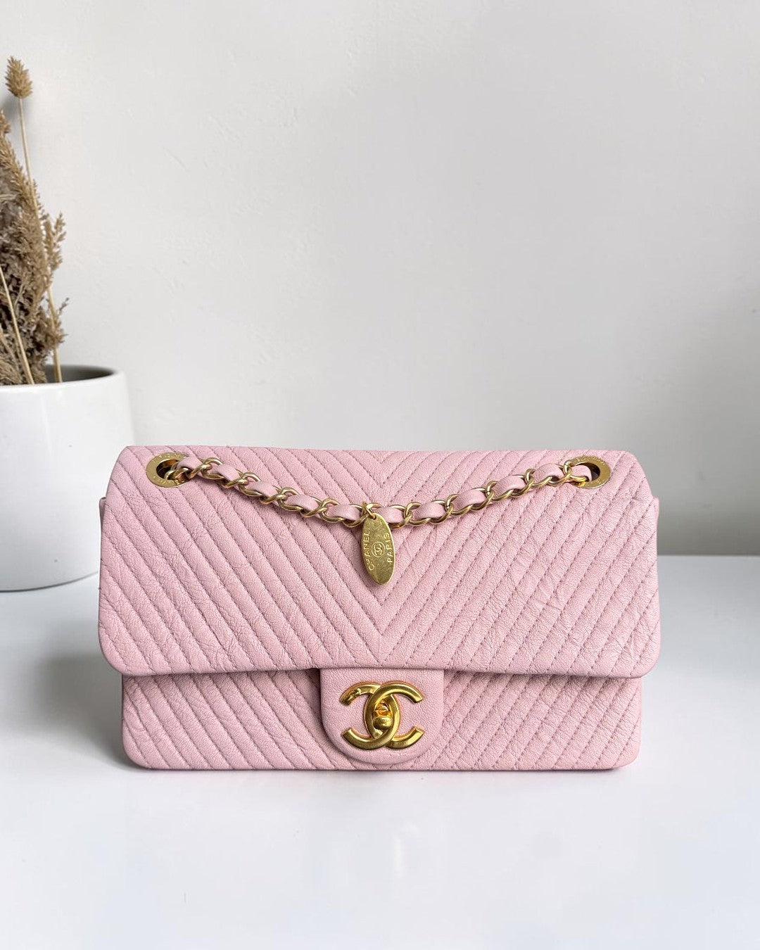 Chanel Herringbone Medallion - Chevron Seasonal Flap Light Pink Aged Gold Hardware Series 21