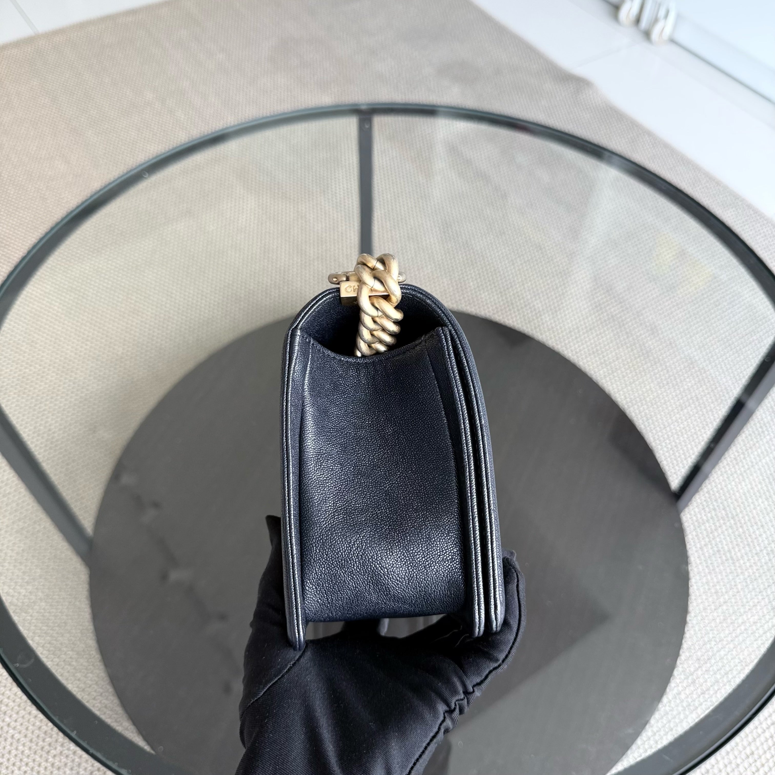 Chanel Boy Medium - Caviar 25CM Quilted Midnight Dark Blue Gold Hardware Series 26