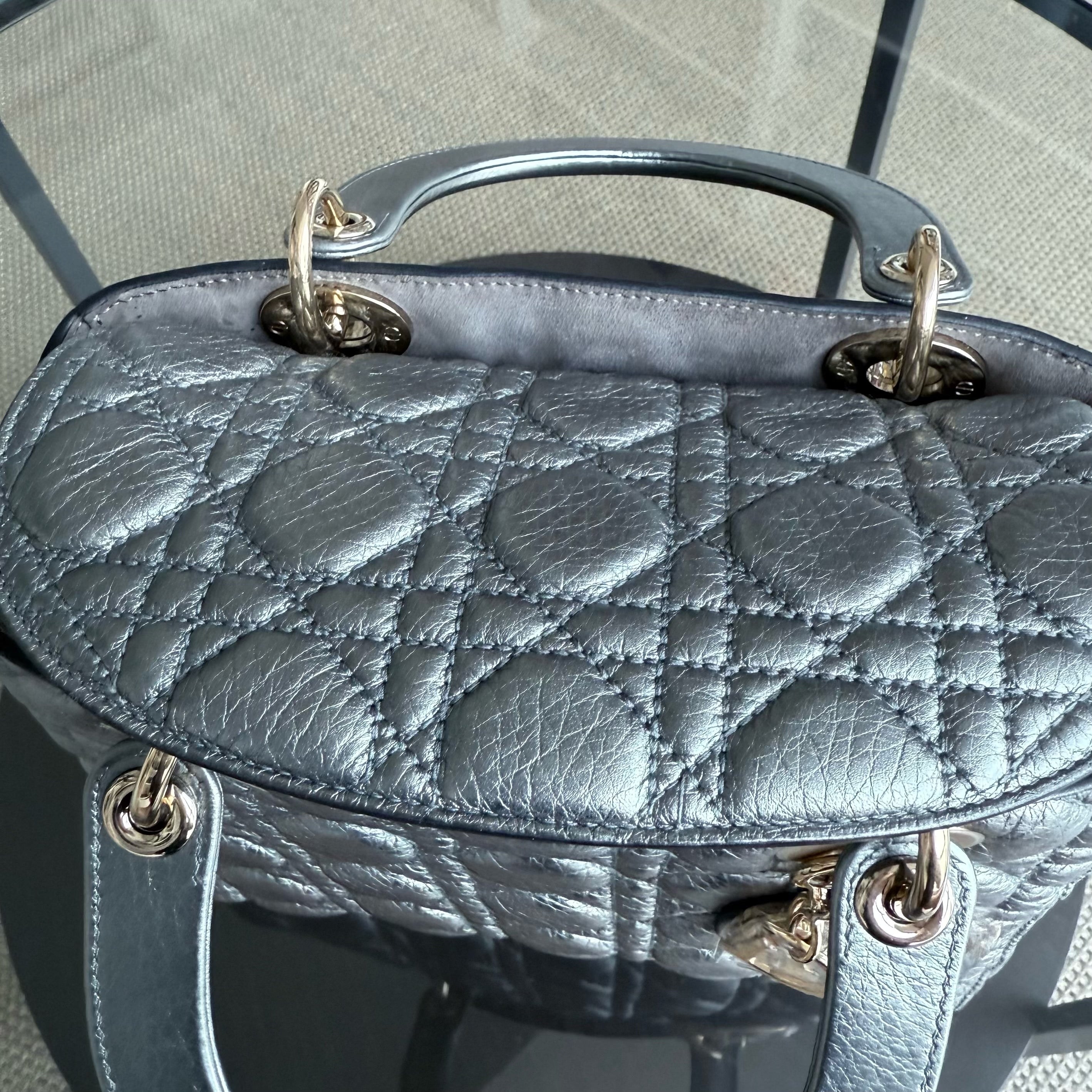 Dior Lady Medium Flap - Grained Calfskin Metallic Silver Gold Hardware Limited Edition