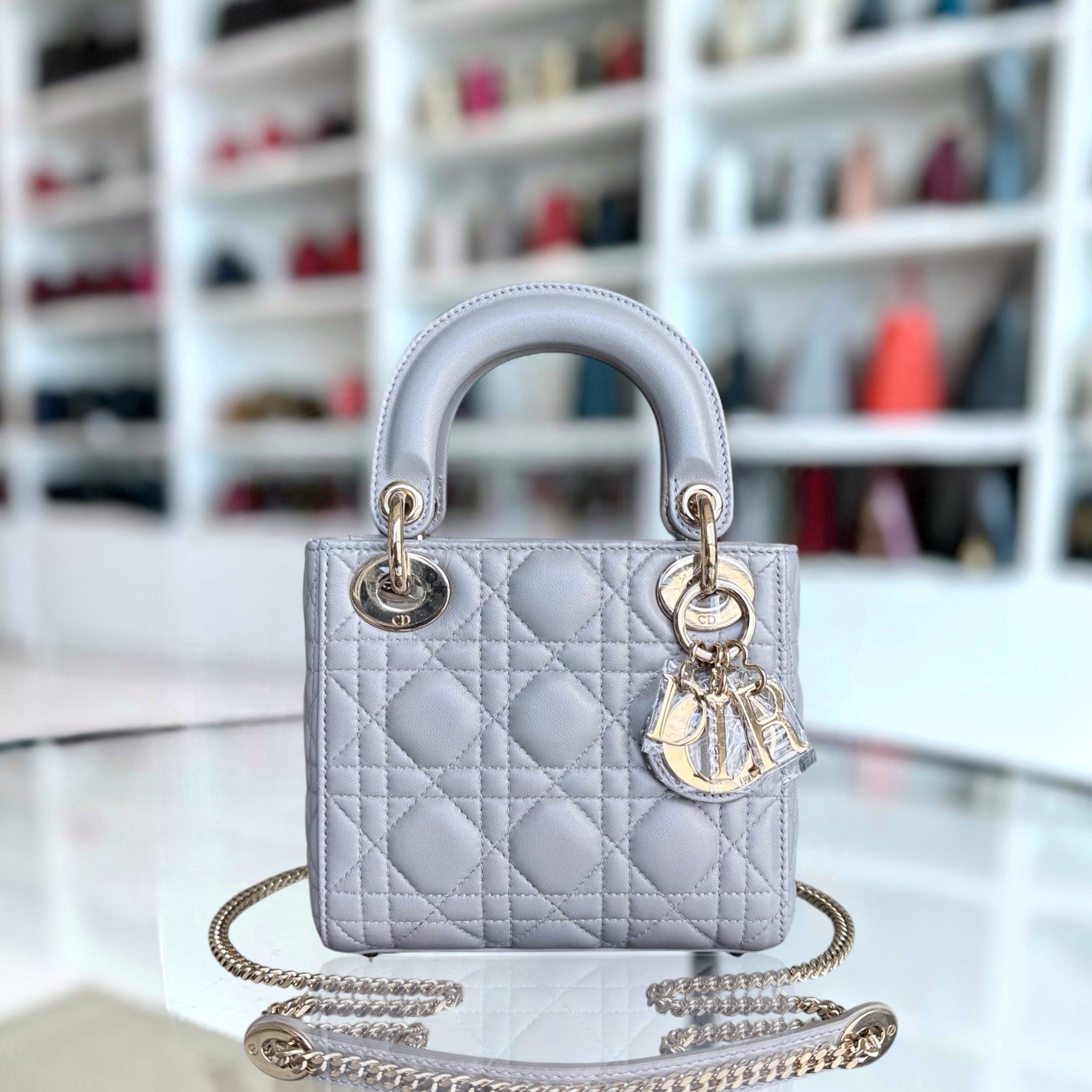 Dior Lady Mini - Cannage Lambskin Silver Gold Hardware Chain Strap