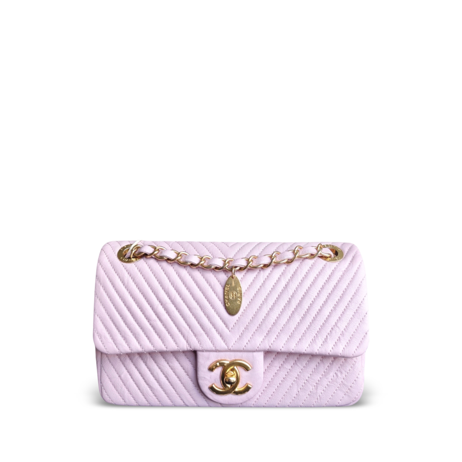 Chanel Seasonal Flap - Chevron Surpique CC Herringbone Medallion Flap Light pink Gold Hardware Series 22