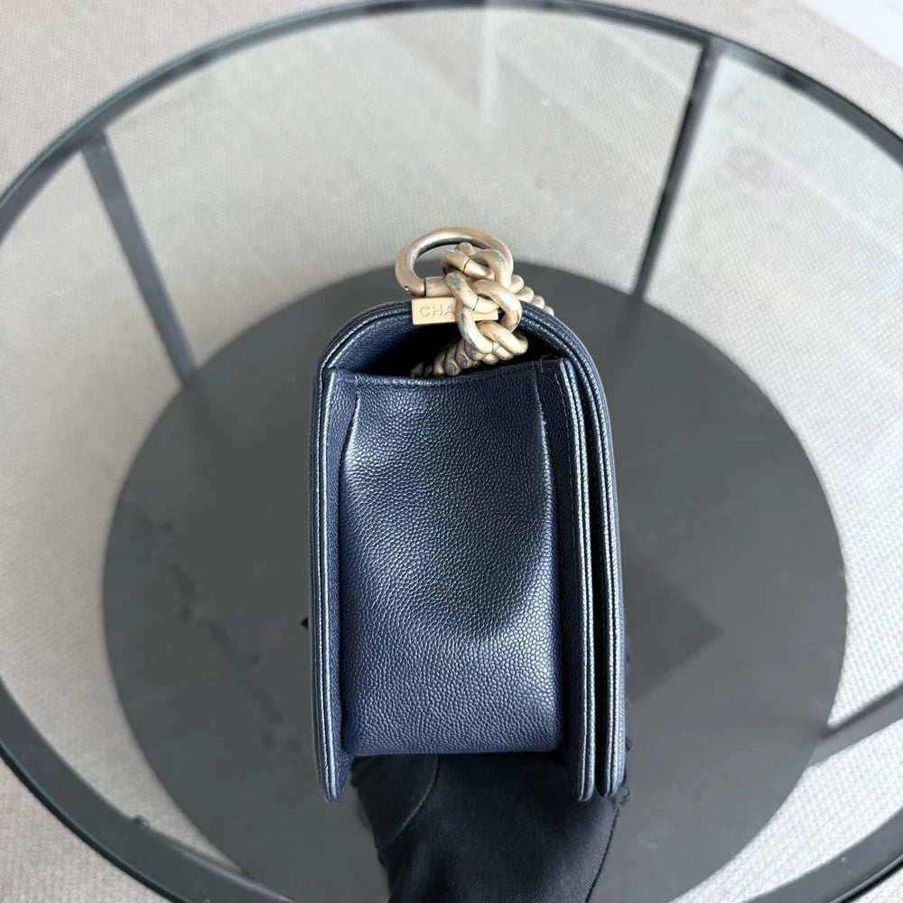 Chanel Boy Medium - Caviar 25CM Quilted Dark Blue Gold Hardware Series 25