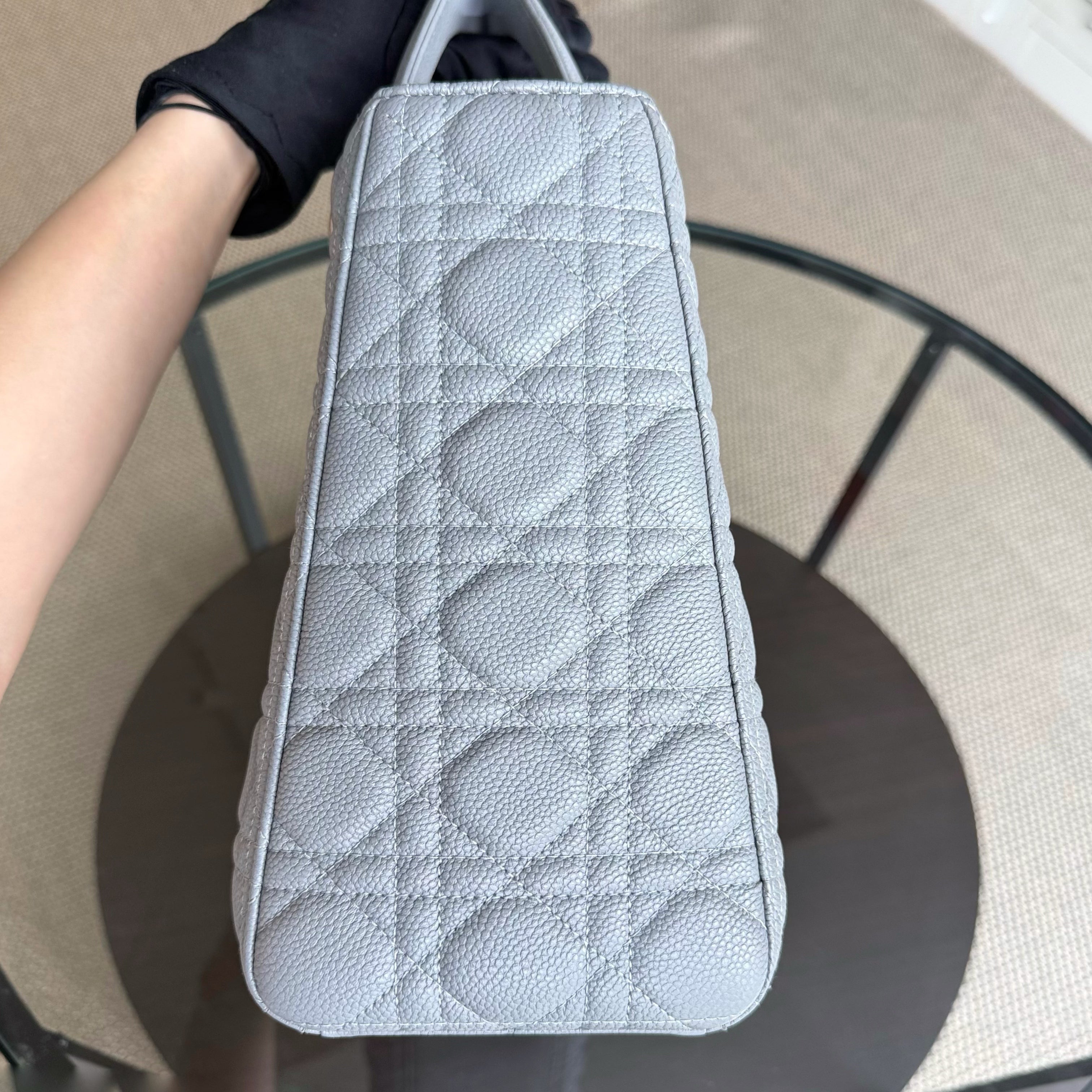 Dior Lady Large - Caviar Cannage Grained Calfskin Grey Gray Silver Hardware