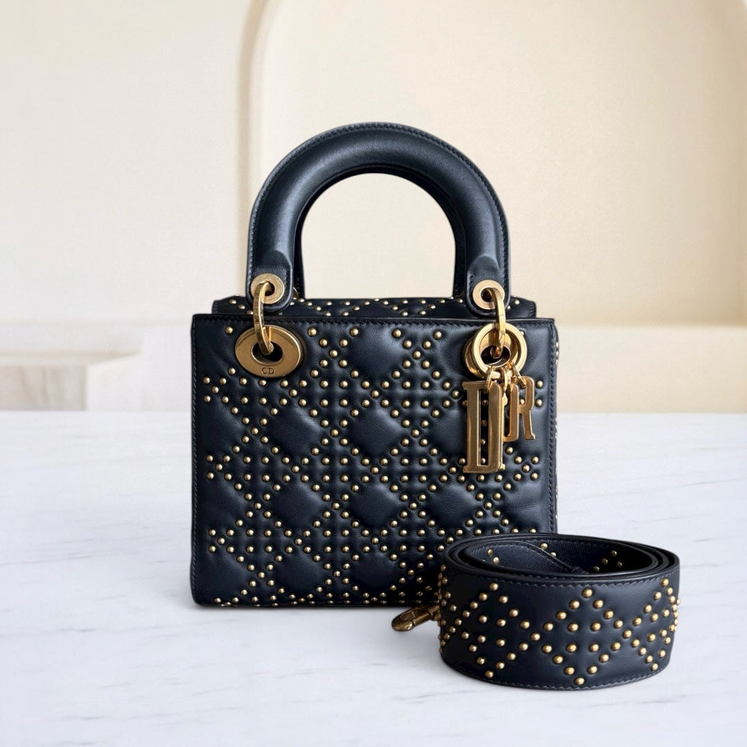 Dior Lady Small Flap - Cannage Calfskin Studded Black Gold Hardware