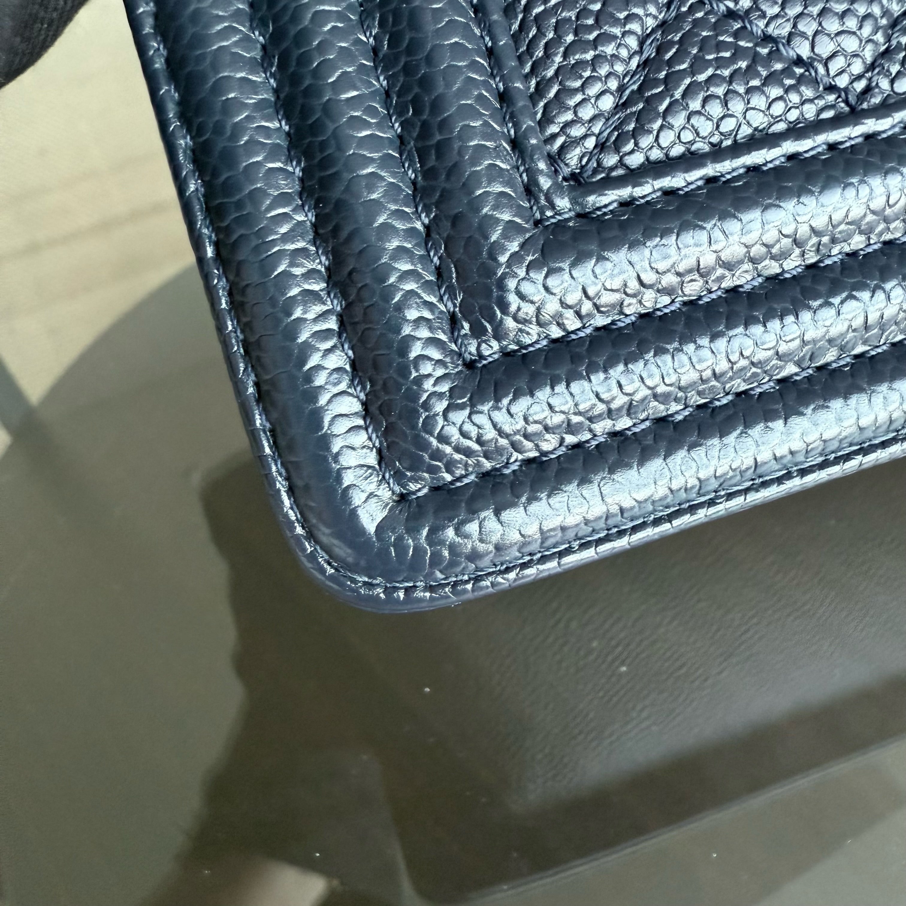 Chanel Boy New Medium - 28CM Caviar Quilted Grained Calfskin Dark Navy Blue Ruthenium Gold Hardware Series 19