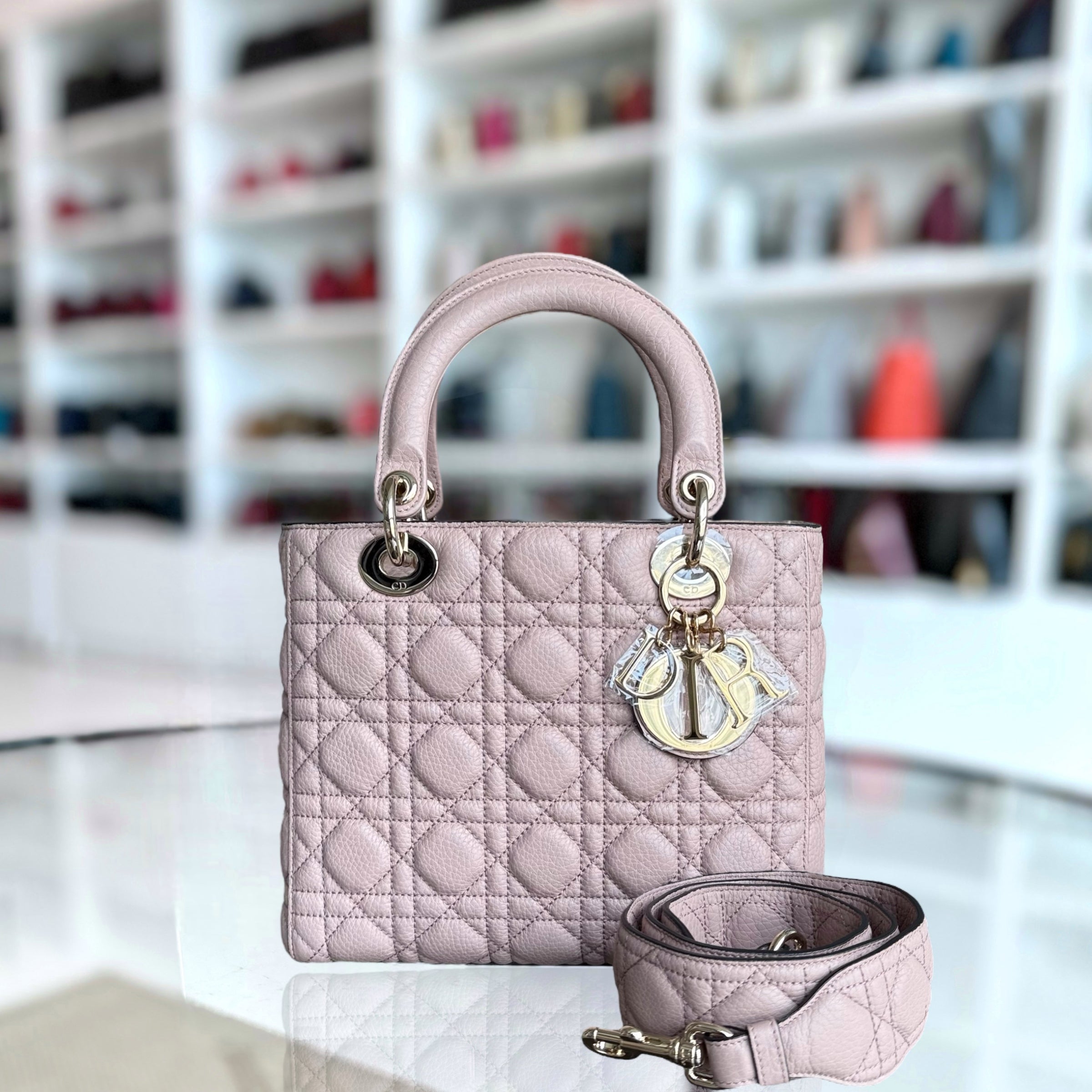 Dior Lady Medium Flap - Grained Calfskin Caviar Cannage Nude Pink Gold Hardware