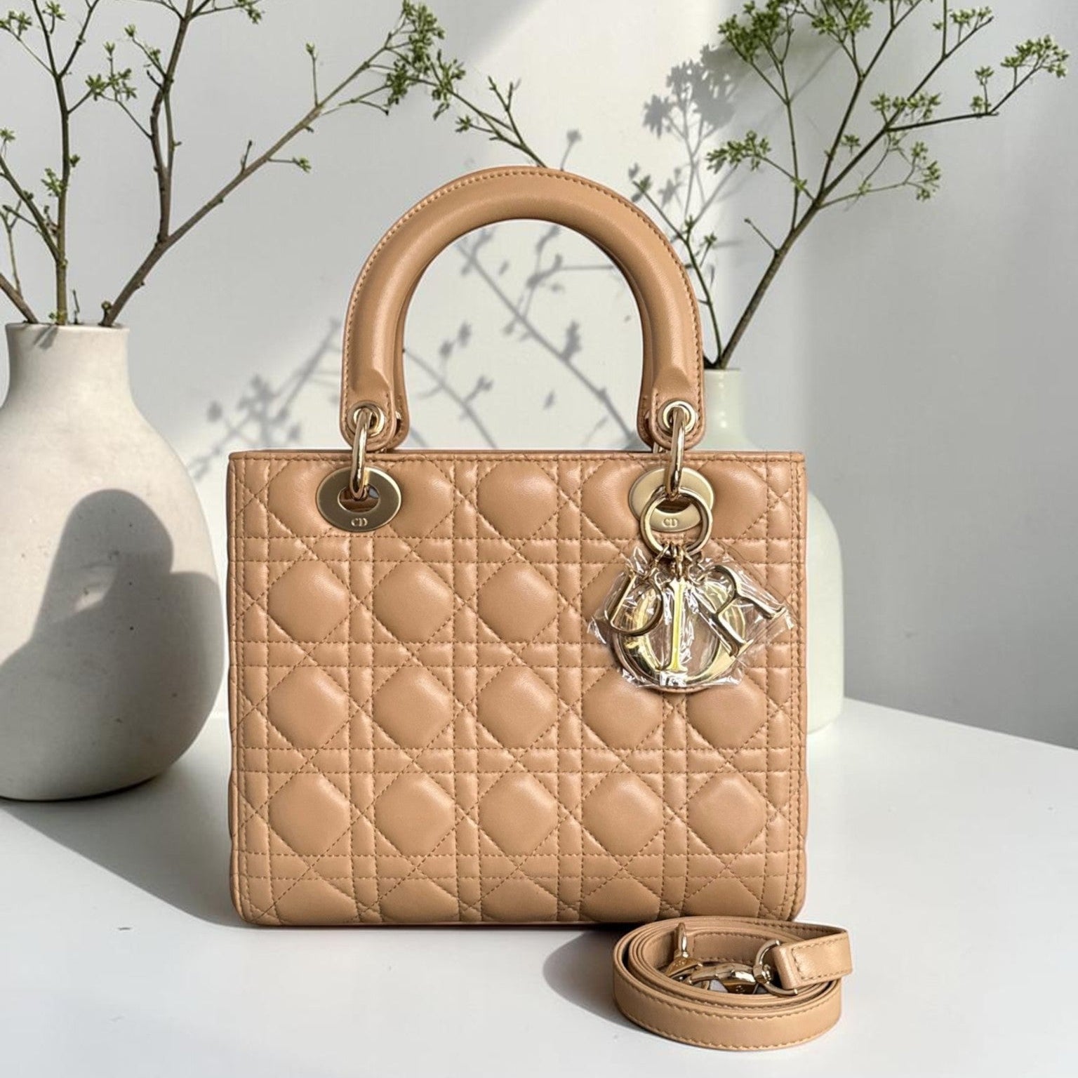 Dior Lady Medium - Cannage Lambskin Beige Brown Gold Hardware Strap