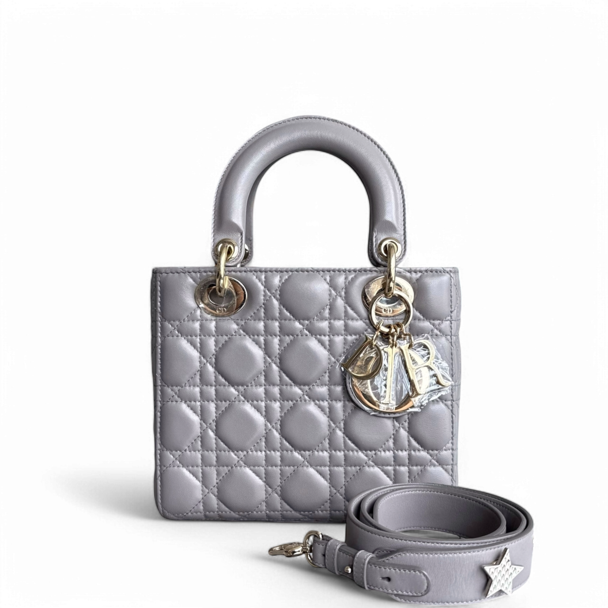 Dior Lady Small - Cannage Lambskin Grey Gray Gold Hardware