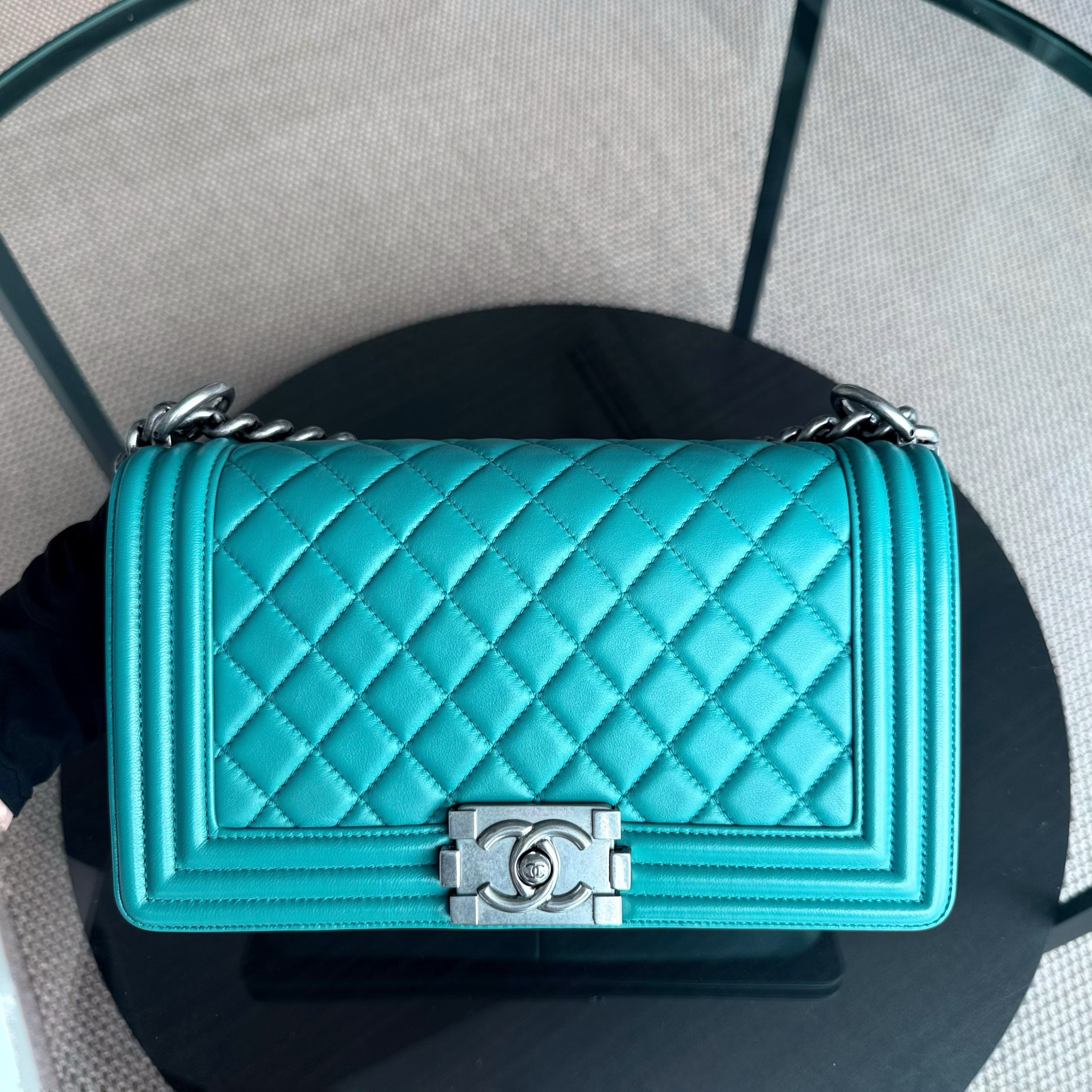 Chanel Boy Medium - 25CM Quilted Lambskin Blue Silver Hardware Series 19