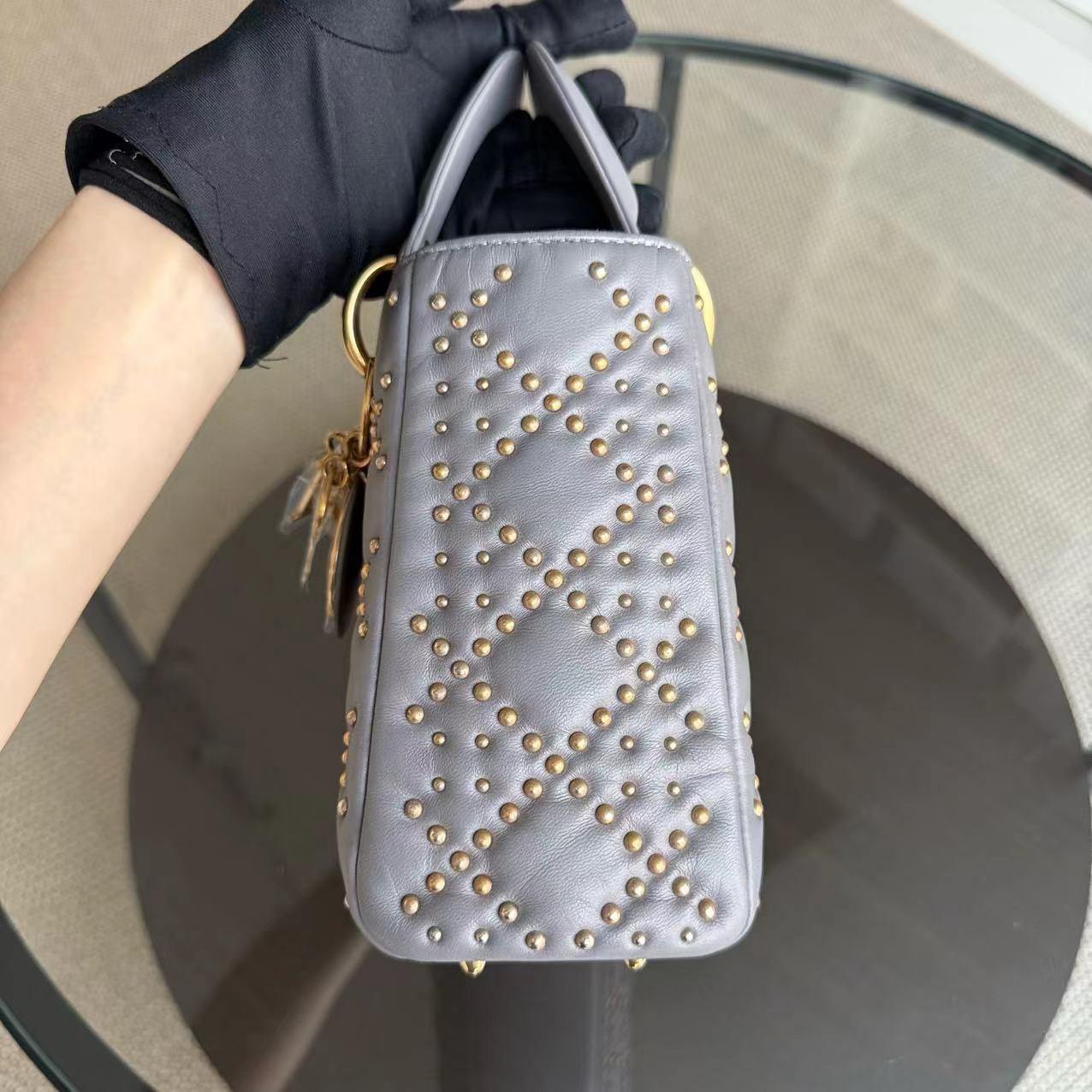 Dior Small Lady Shoulder Bag - Studded Cannage Grey Gray Golden Hardware
