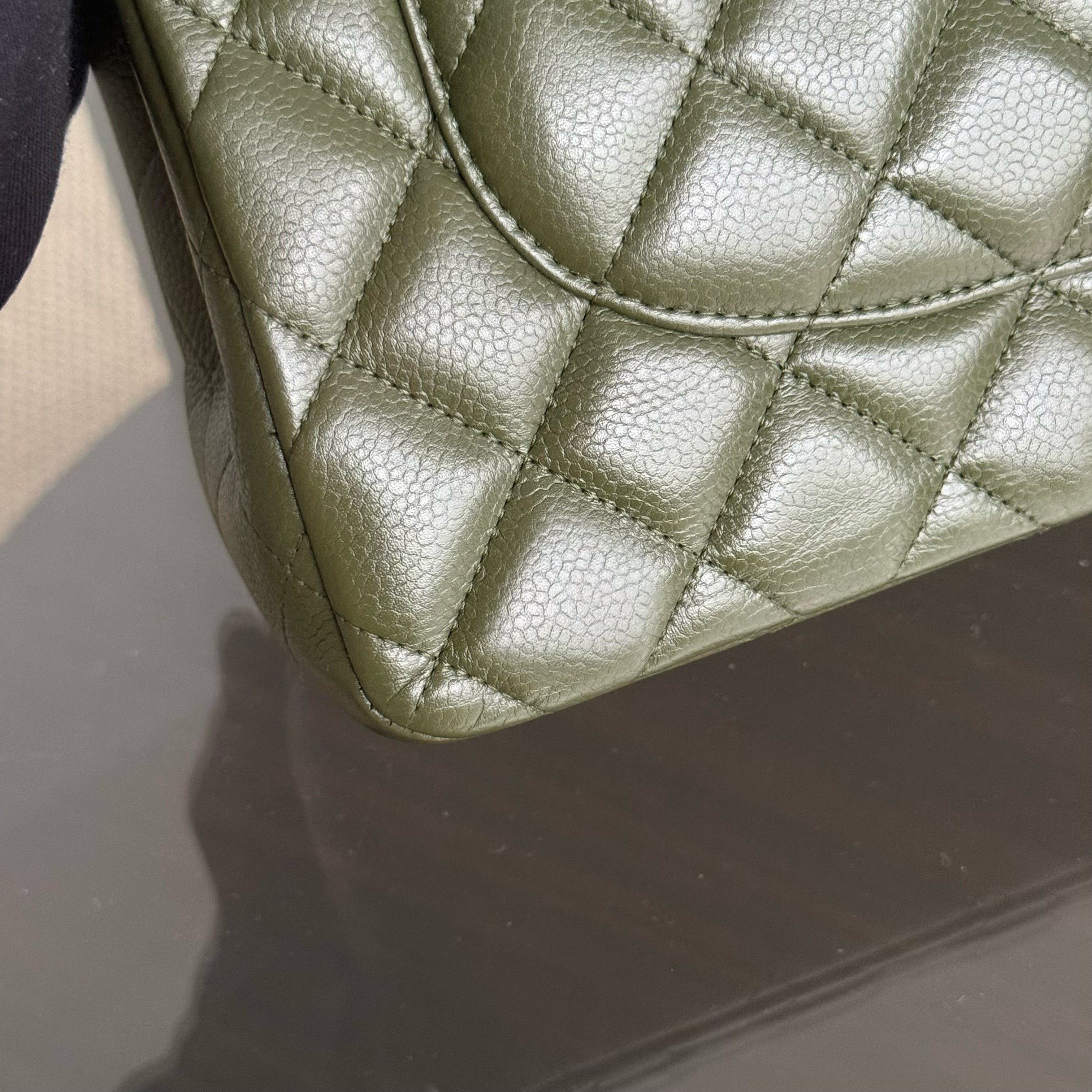 Chanel Classic Flap Jumbo - Caviar 30CM Double Flap Quilted Dark Army Green Silver Hardware Series 14