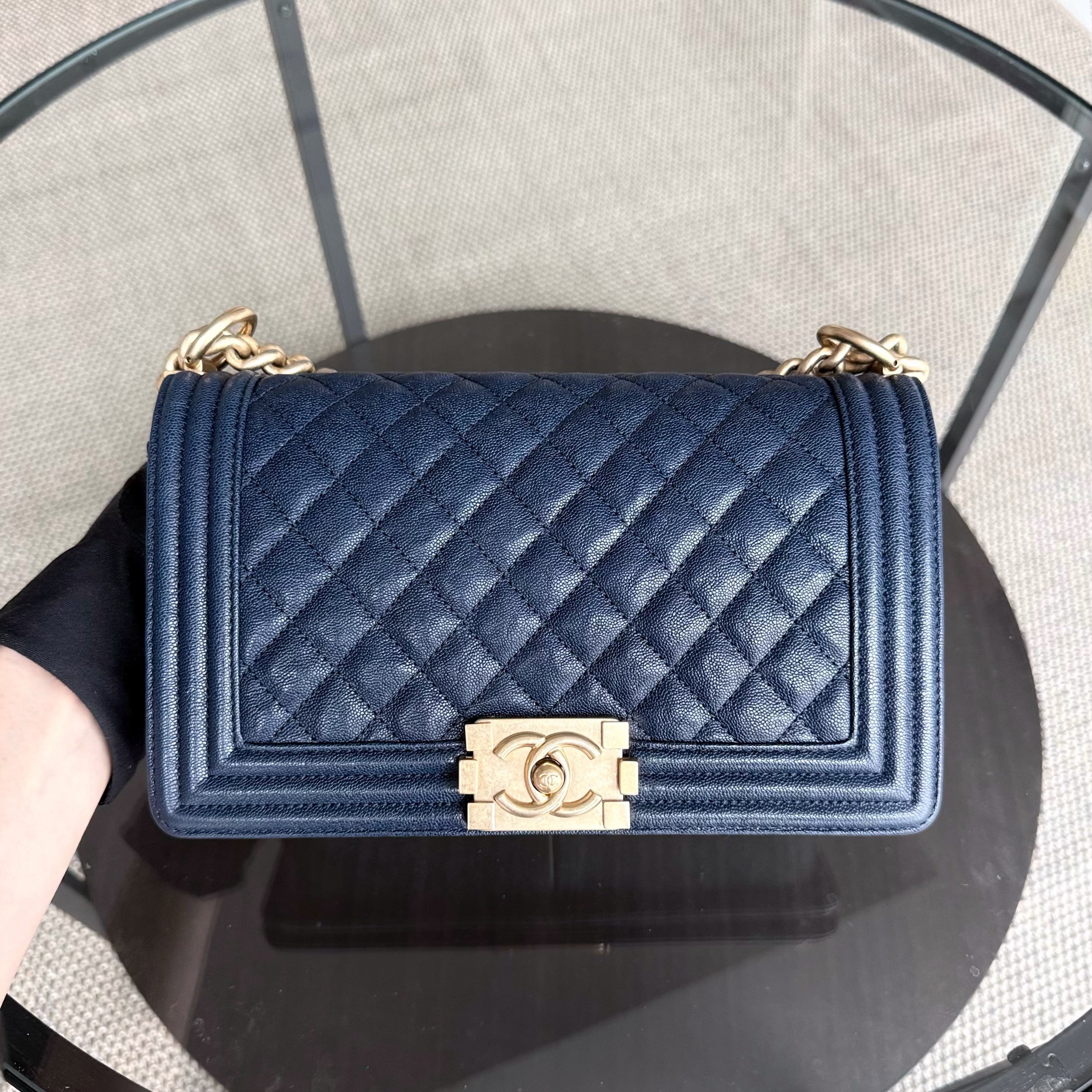 Chanel Boy Medium - Caviar 25CM Quilted Dark Blue Gold Hardware Series 27