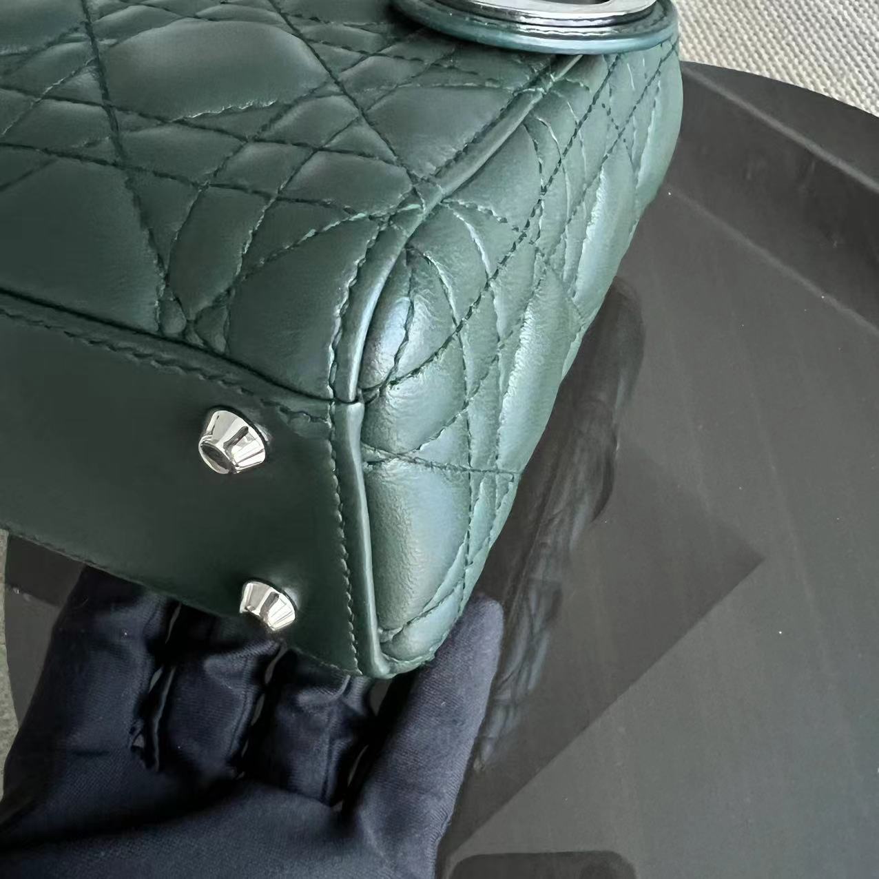 *Full set, Receipt* Lady Mini Lambskin Dark Green Silver Hardware Chain Strap