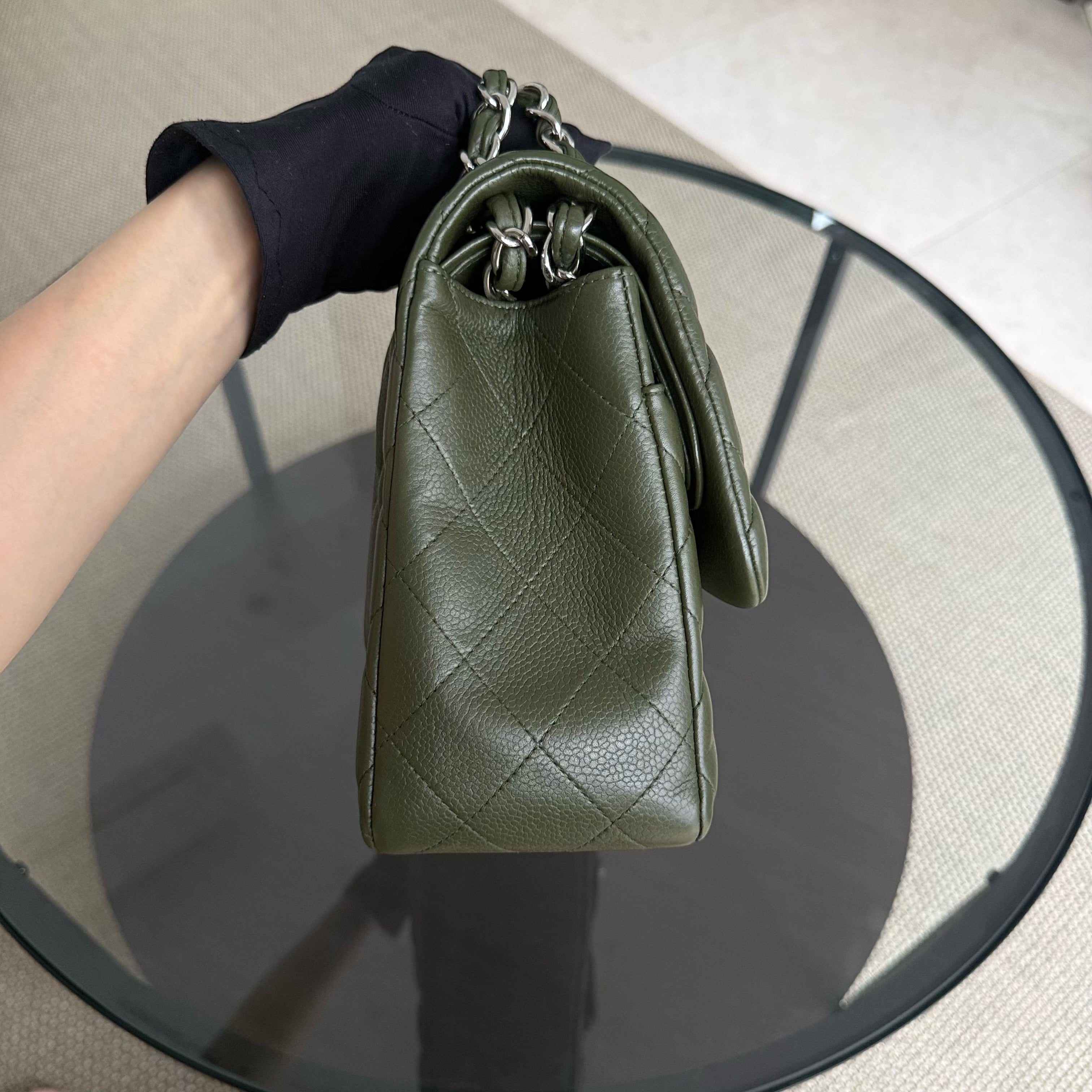Chanel Classic Flap Jumbo - Caviar 30CM Double Flap Quilted Dark Army Green Silver Hardware Series 14