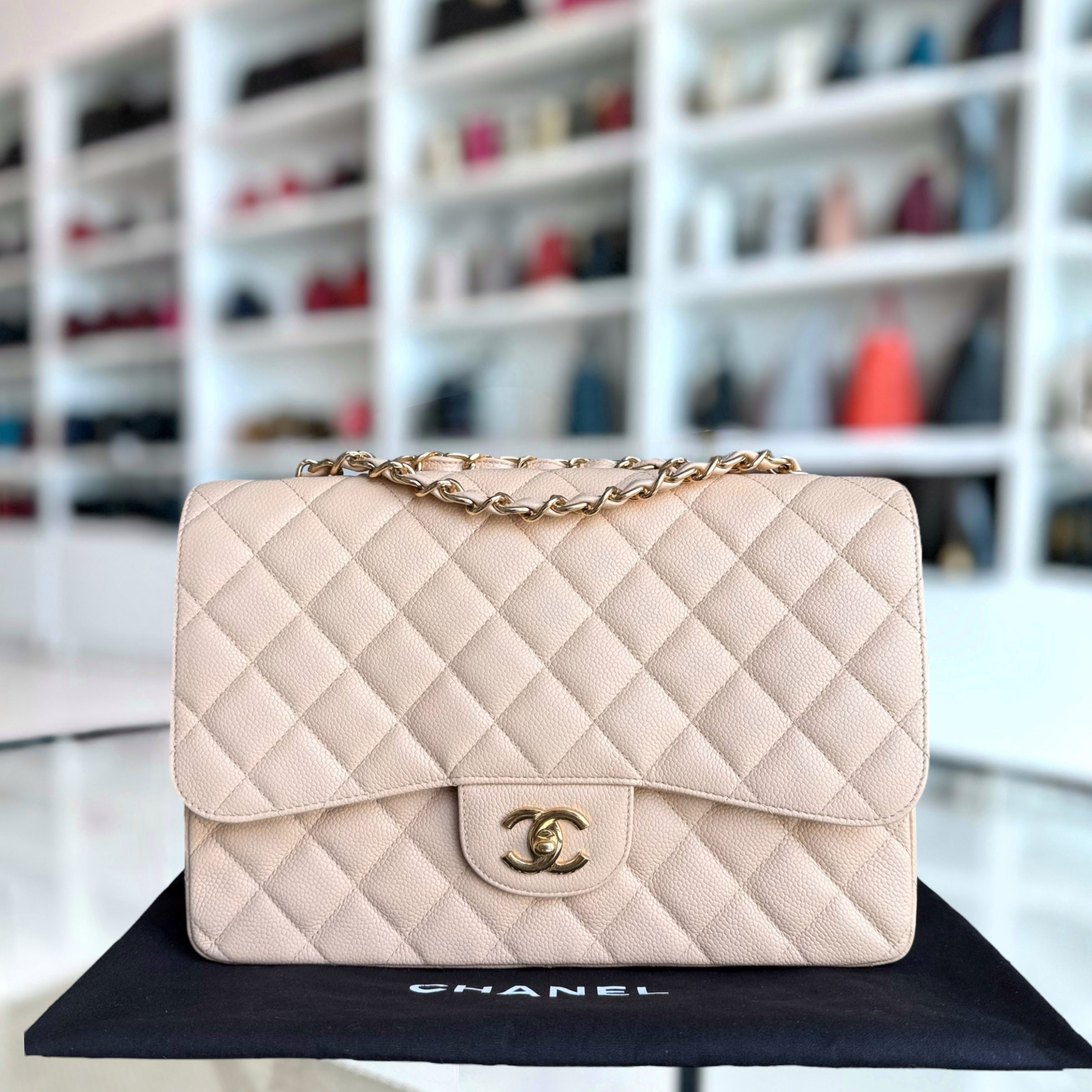 Chanel Classic Flap Jumbo - Caviar 30CM Single Flap Quilted Beige Gold Hardware Series 14