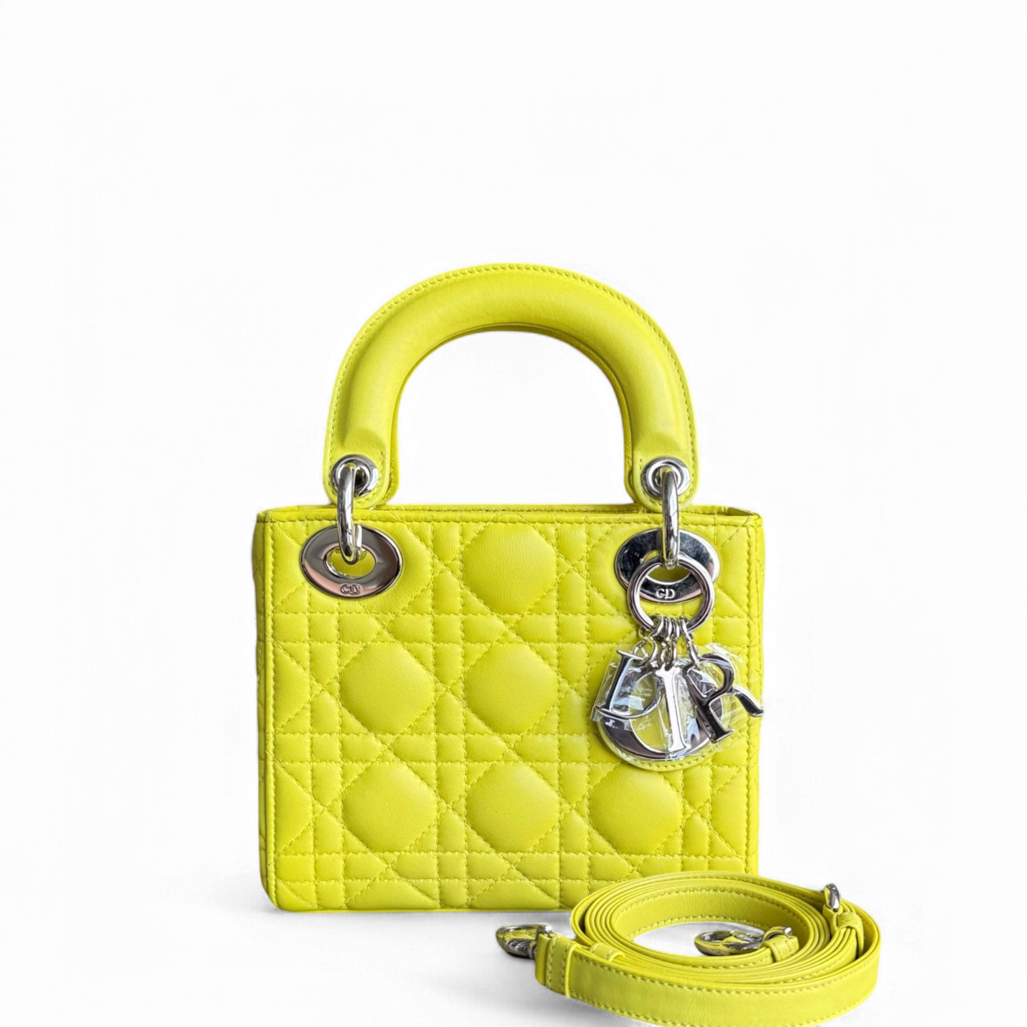 Dior Lady Mini - Cannage Lambskin Yellow Silver Hardware Adjustable Strap