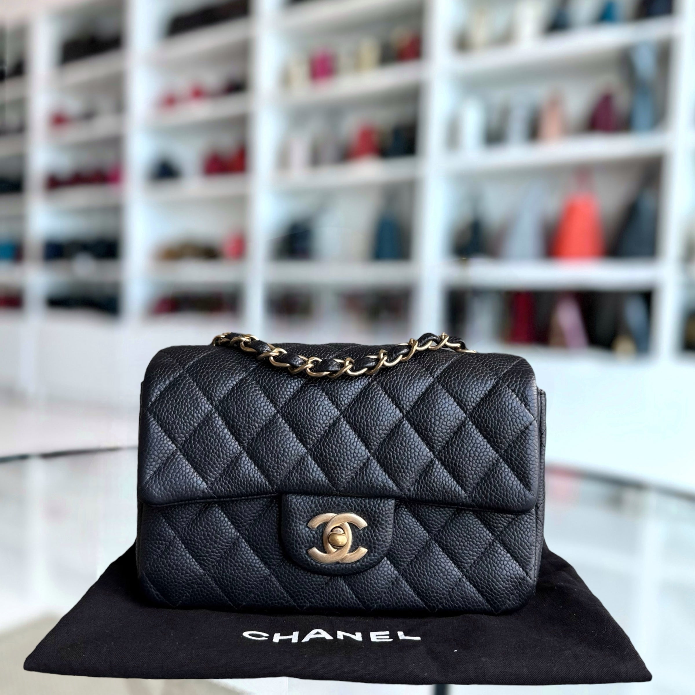 Chanel Classic Flap Mini - Caviar 20CM Quilted Grained Calfskin Black Gold Hardware Series 20