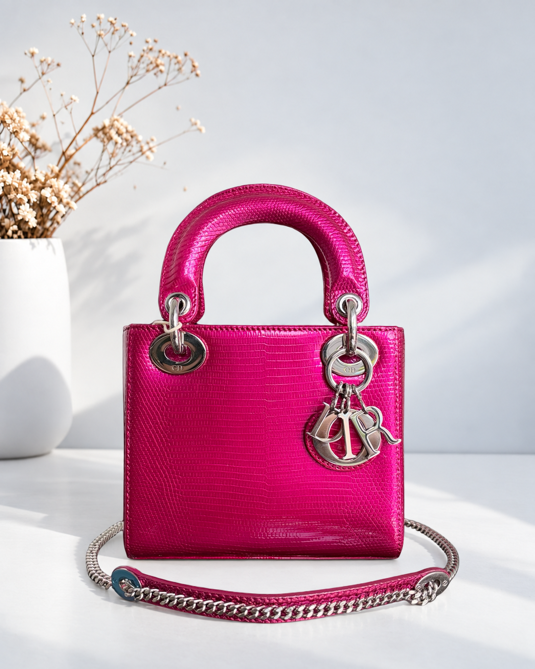 Dior Lady Mini - Exotic Pink Lizard Silver Hardware
