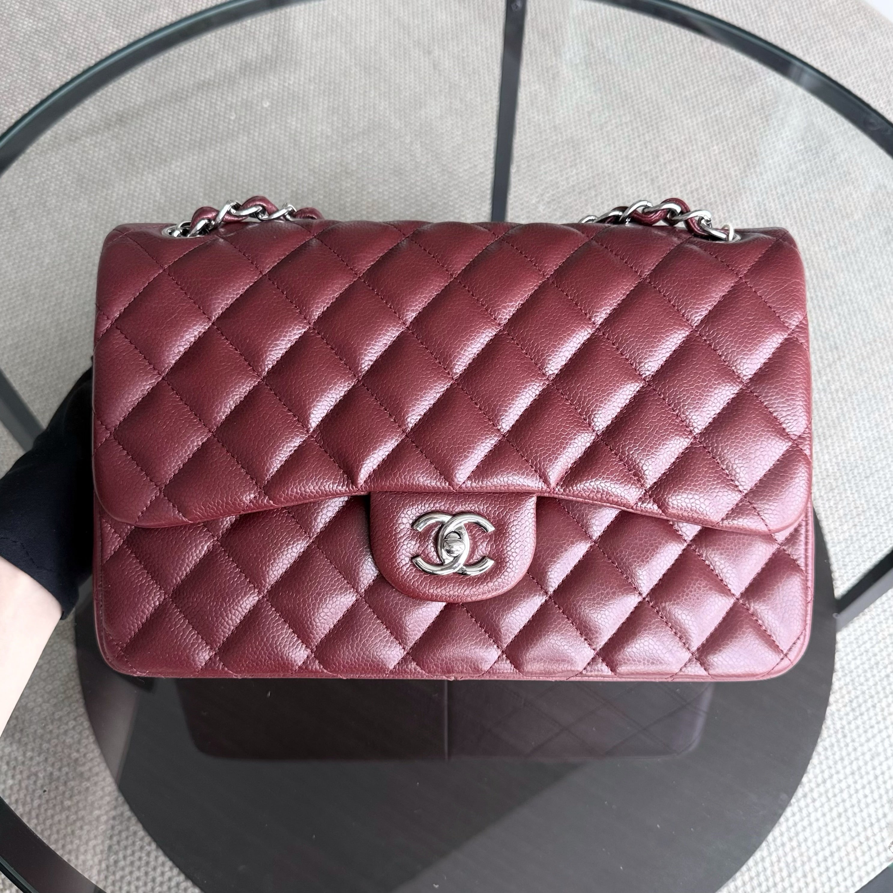 Chanel Classic Flap Jumbo - Caviar 30CM Double Flap Quilted Burgundy Gold Hardware